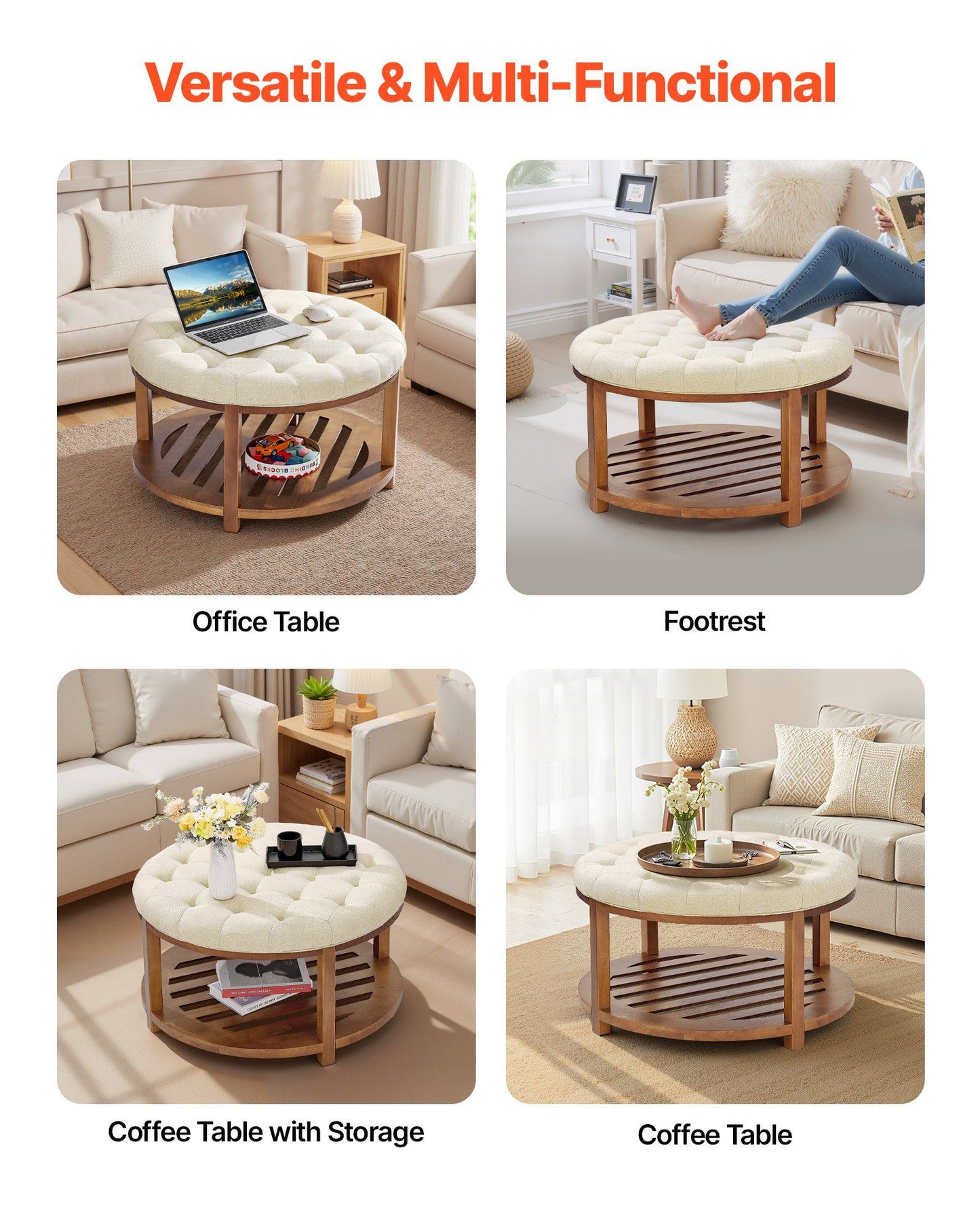 Large Round Ottoman Coffee Table, 81 cm Tufted Coffee Table with Solid Wood Shelf Storage, Linen Solid V952-BYJDYXWSJKFSU67U8001V0