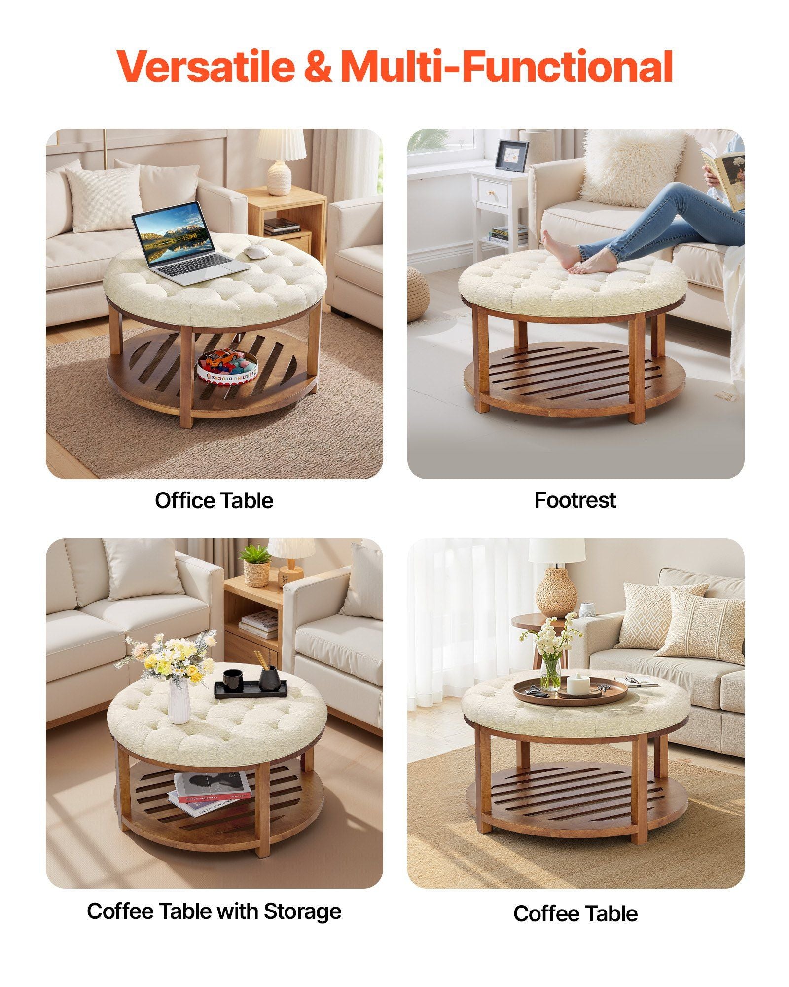 Large Round Ottoman Coffee Table, 81 cm Tufted Coffee Table with Solid Wood Shelf Storage, Linen Solid V952-BYJDYXWSJKFSU67U8001V0