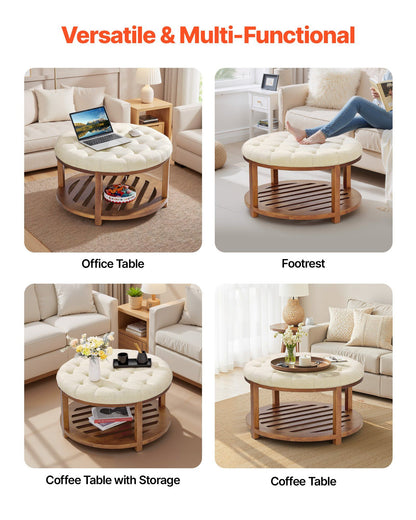 Large Round Ottoman Coffee Table, 81 cm Tufted Coffee Table with Solid Wood Shelf Storage, Linen Solid V952-BYJDYXWSJKFSU67U8001V0