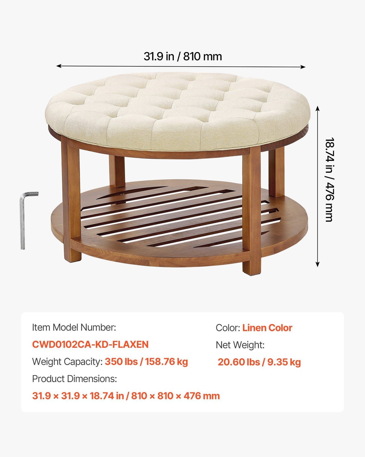 Large Round Ottoman Coffee Table, 81 cm Tufted Coffee Table with Solid Wood Shelf Storage, Linen Solid V952-BYJDYXWSJKFSU67U8001V0