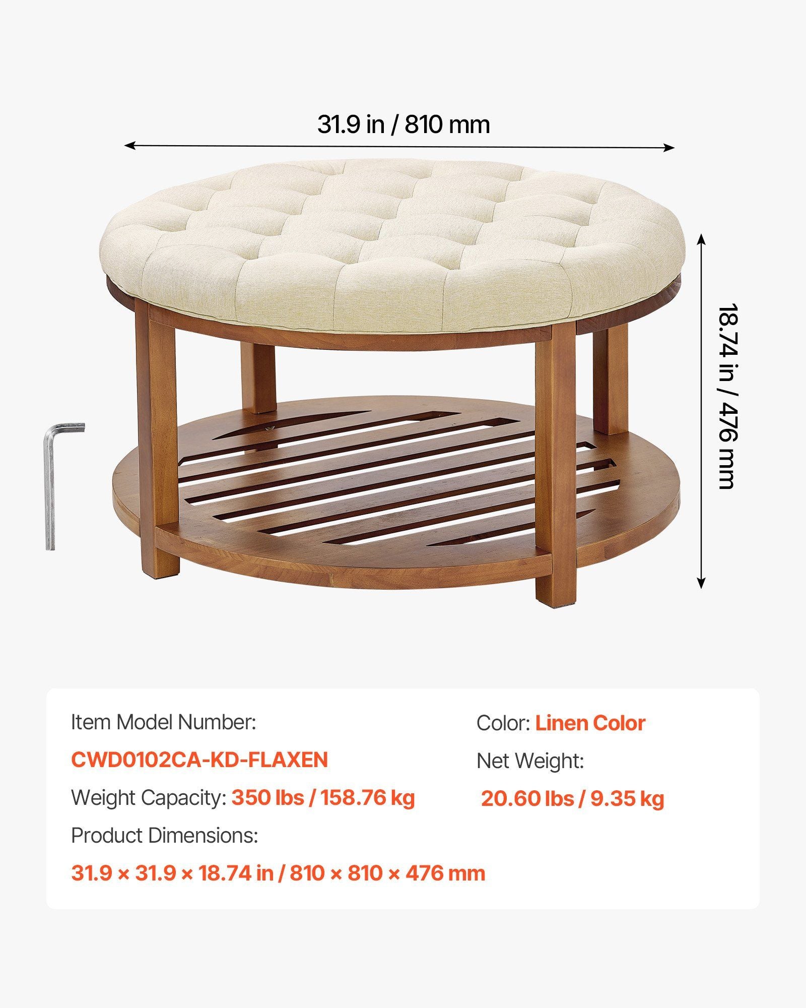Large Round Ottoman Coffee Table, 81 cm Tufted Coffee Table with Solid Wood Shelf Storage, Linen Solid V952-BYJDYXWSJKFSU67U8001V0