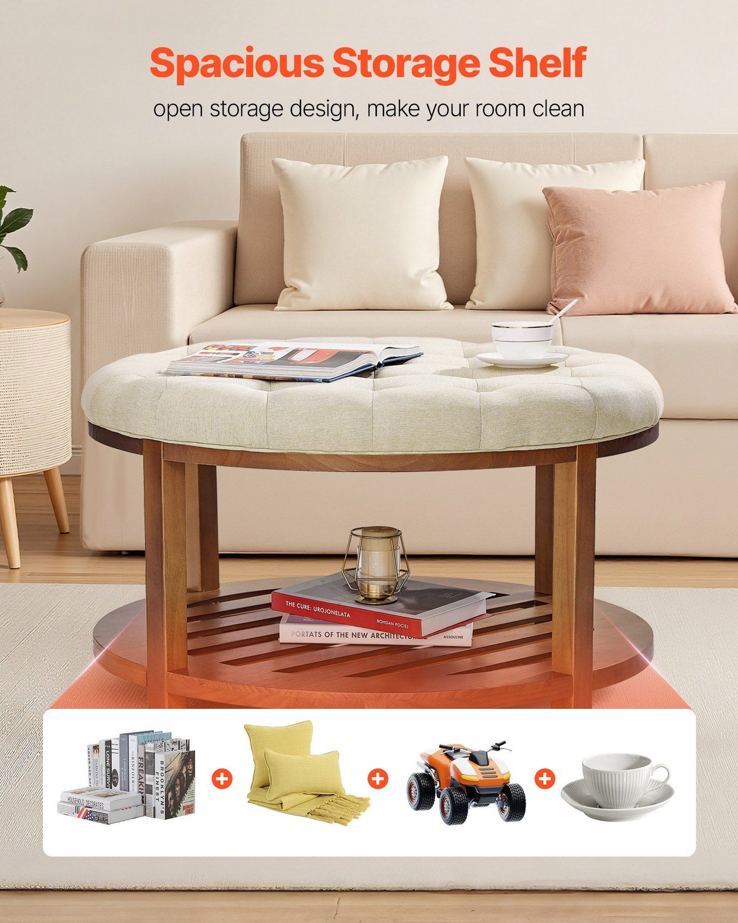 Large Round Ottoman Coffee Table, 81 cm Tufted Coffee Table with Solid Wood Shelf Storage, Linen Solid V952-BYJDYXWSJKFSU67U8001V0