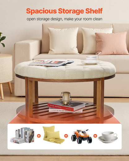 Large Round Ottoman Coffee Table, 81 cm Tufted Coffee Table with Solid Wood Shelf Storage, Linen Solid V952-BYJDYXWSJKFSU67U8001V0