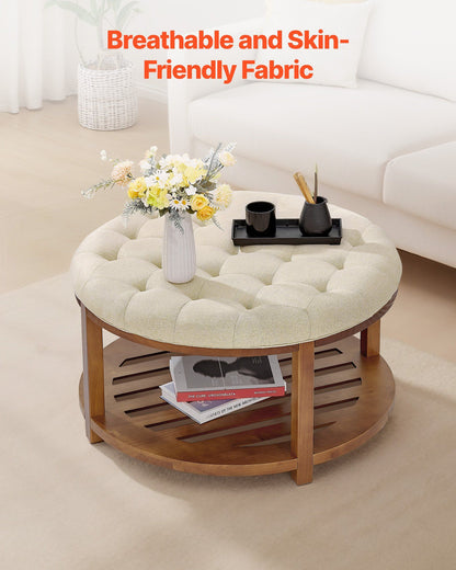 Large Round Ottoman Coffee Table, 81 cm Tufted Coffee Table with Solid Wood Shelf Storage, Linen Solid V952-BYJDYXWSJKFSU67U8001V0