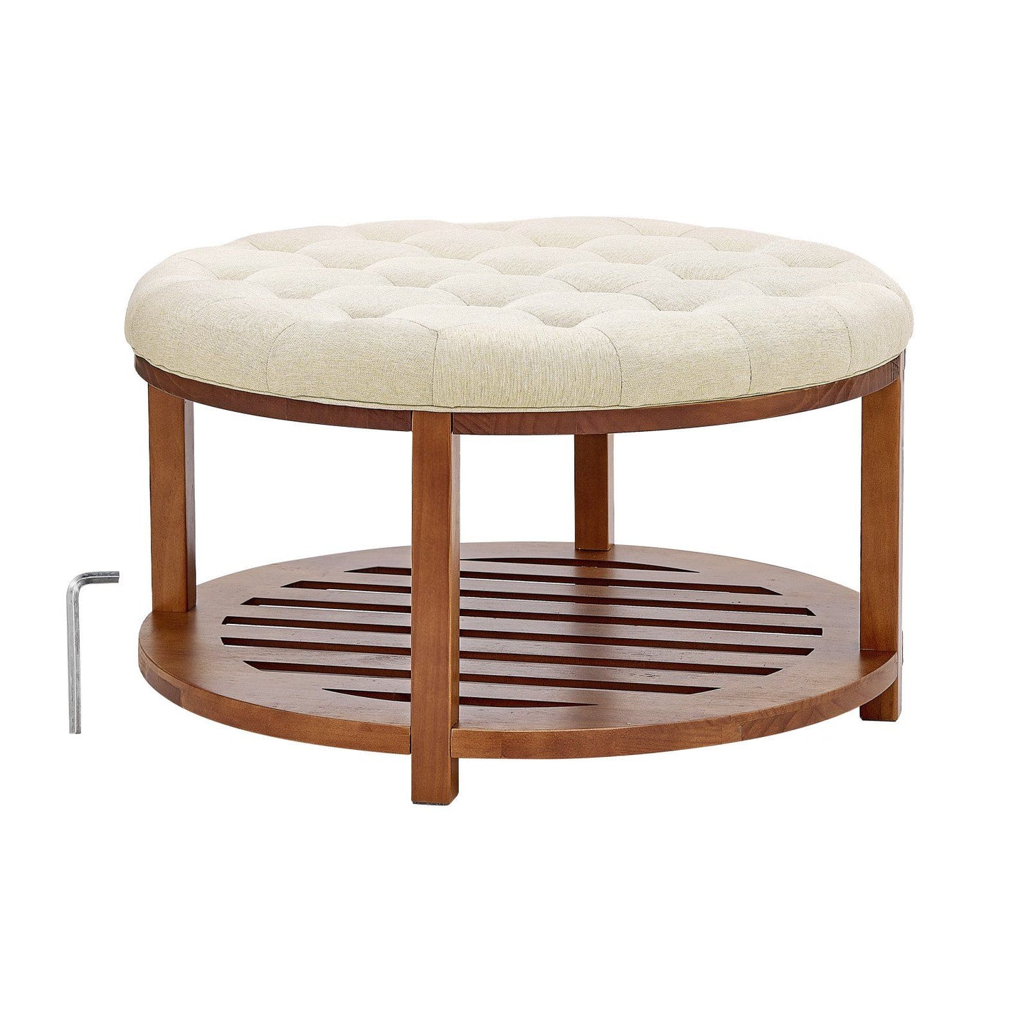 Large Round Ottoman Coffee Table, 81 cm Tufted Coffee Table with Solid Wood Shelf Storage, Linen Solid V952-BYJDYXWSJKFSU67U8001V0
