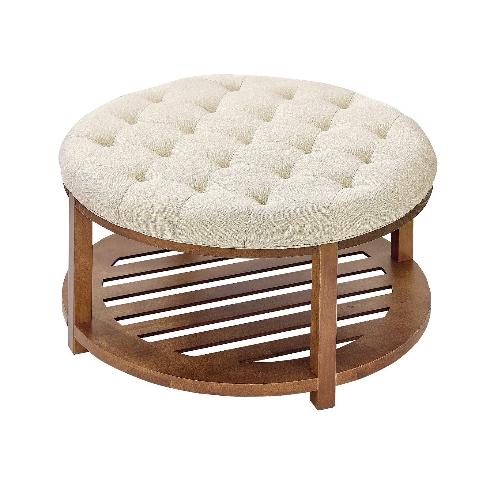 Large Round Ottoman Coffee Table, 81 cm Tufted Coffee Table with Solid Wood Shelf Storage, Linen Solid V952-BYJDYXWSJKFSU67U8001V0