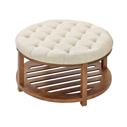 Large Round Ottoman Coffee Table, 81 cm Tufted Coffee Table with Solid Wood Shelf Storage, Linen Solid V952-BYJDYXWSJKFSU67U8001V0