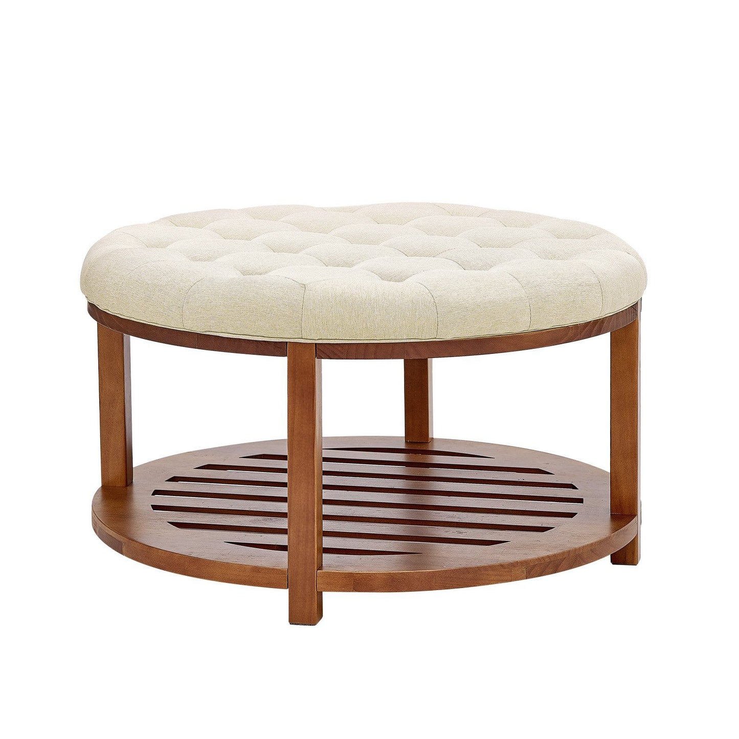 Large Round Ottoman Coffee Table, 81 cm Tufted Coffee Table with Solid Wood Shelf Storage, Linen Solid V952-BYJDYXWSJKFSU67U8001V0