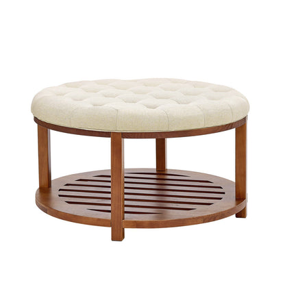 Large Round Ottoman Coffee Table, 81 cm Tufted Coffee Table with Solid Wood Shelf Storage, Linen Solid V952-BYJDYXWSJKFSU67U8001V0