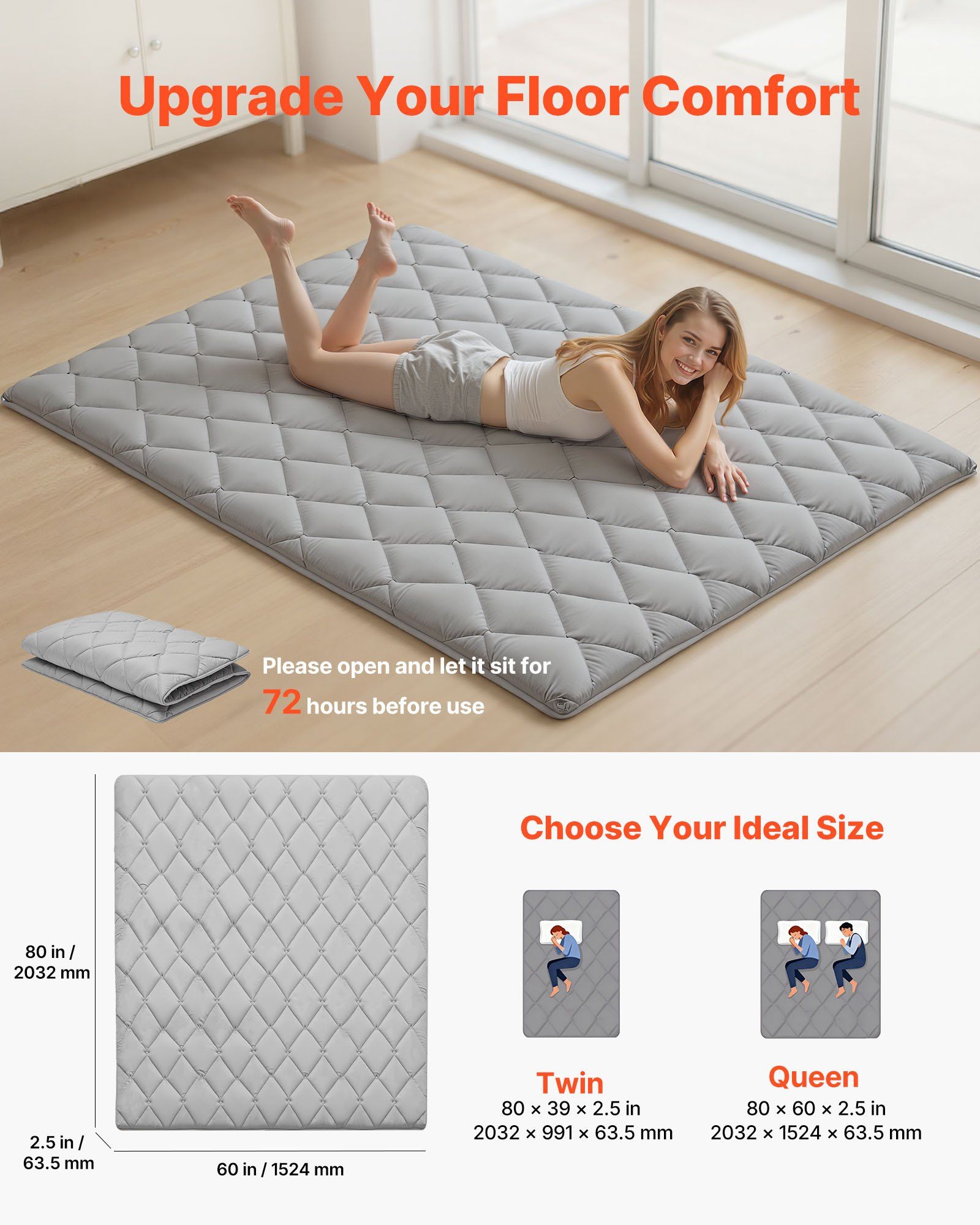 Japanese Tatami Mat, Queen Size Foldable Japanese Tatami Mattress, Futon Mattress with Storage Bag & V952-BYTTM60INCH258PZF001V0