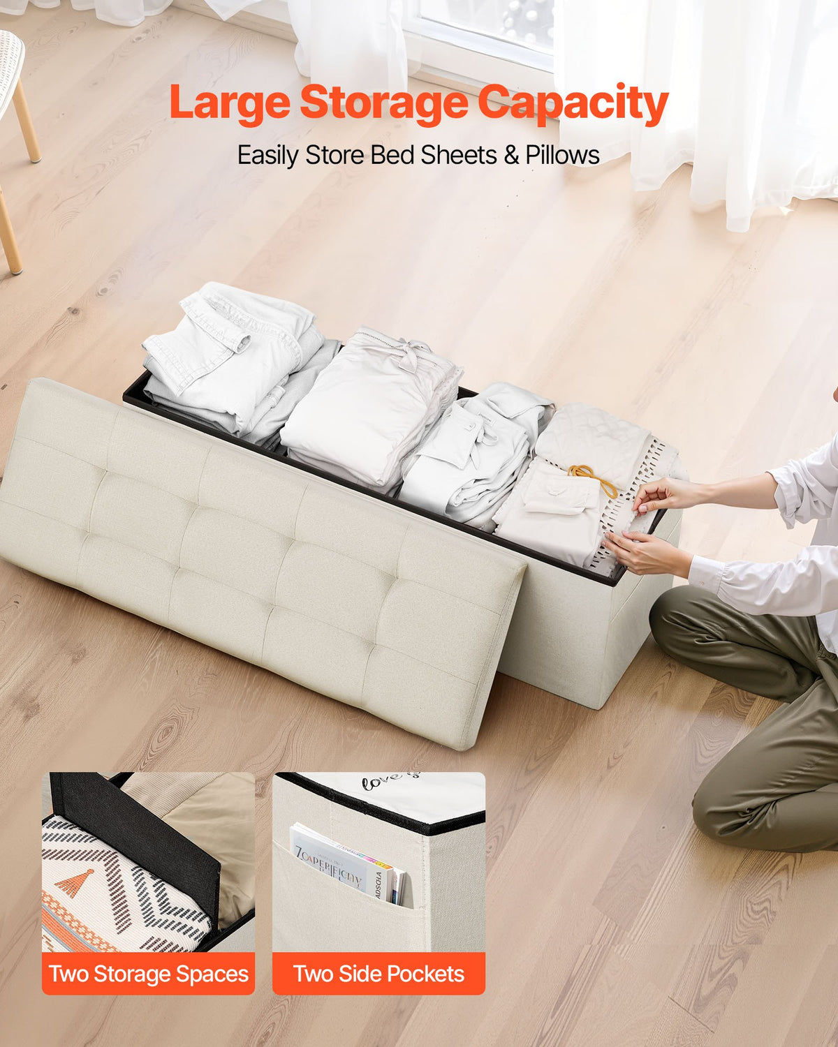 Foldable Storage Ottoman Bench, End of Bed Bench with Side Bags, Folding Upholstered Storage Chest Supports V952-BYWSZYKZDK405QXFB001V0