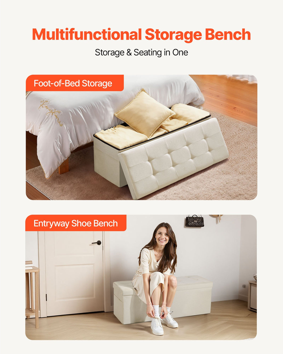 Foldable Storage Ottoman Bench, End of Bed Bench with Side Bags, Folding Upholstered Storage Chest Supports V952-BYWSZYKZDK405QXFB001V0