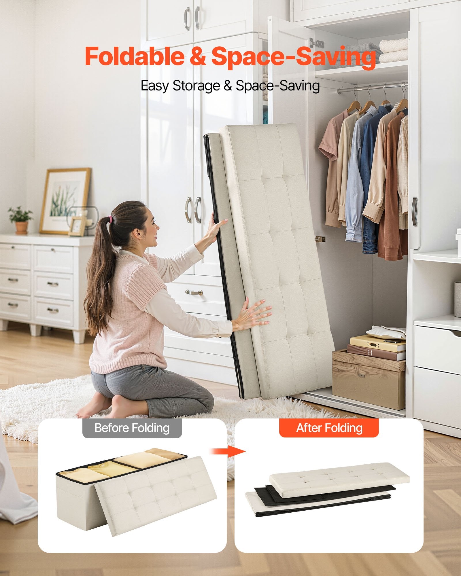 Foldable Storage Ottoman Bench, End of Bed Bench with Side Bags, Folding Upholstered Storage Chest Supports V952-BYWSZYKZDK405QXFB001V0
