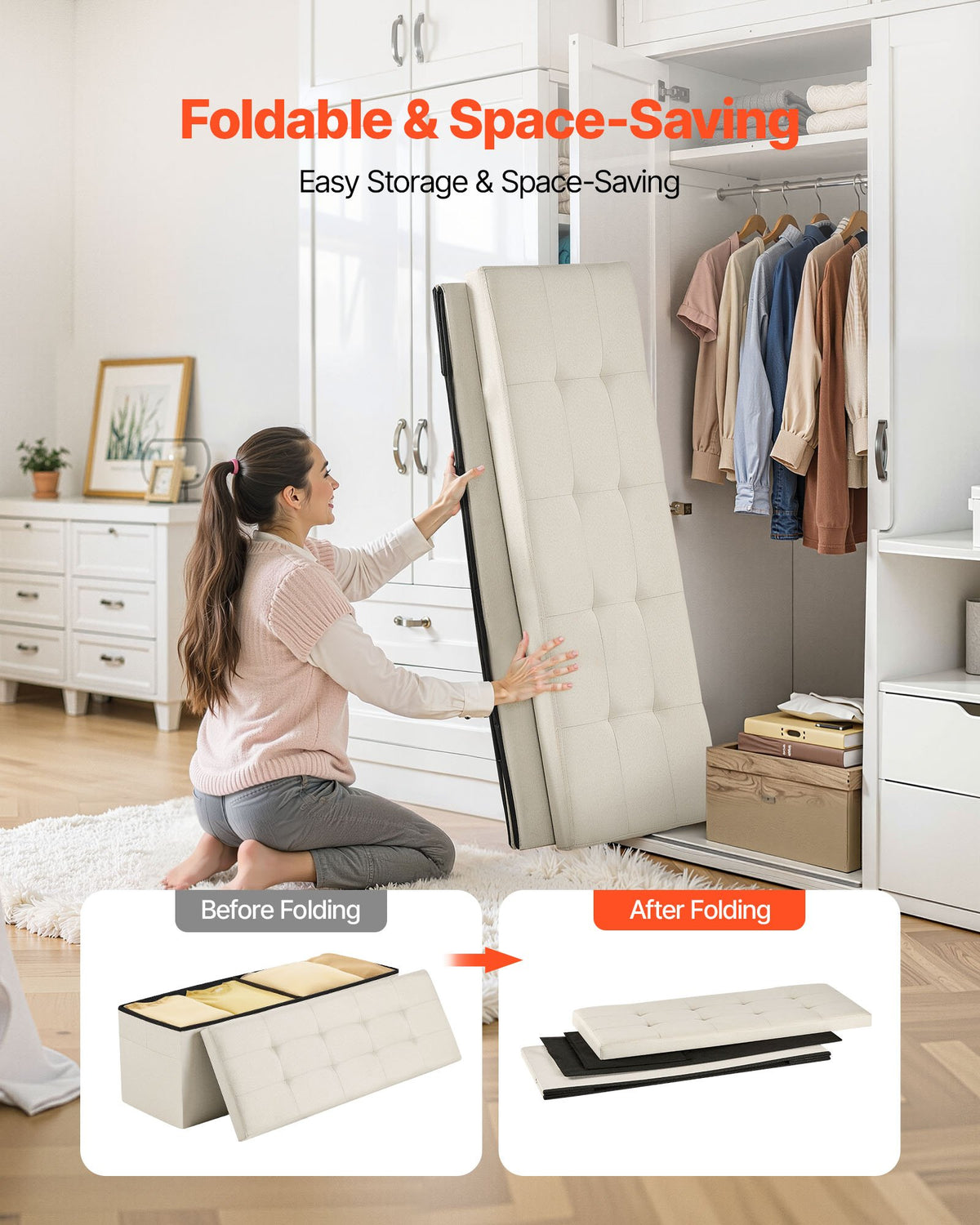 Foldable Storage Ottoman Bench, End of Bed Bench with Side Bags, Folding Upholstered Storage Chest Supports V952-BYWSZYKZDK405QXFB001V0