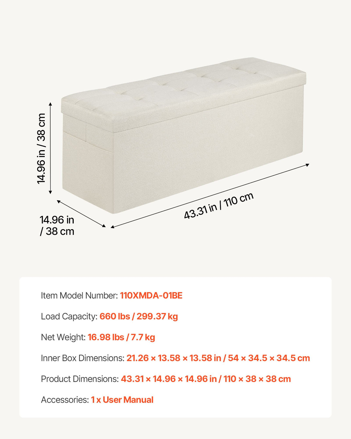 Foldable Storage Ottoman Bench, End of Bed Bench with Side Bags, Folding Upholstered Storage Chest Supports V952-BYWSZYKZDK405QXFB001V0