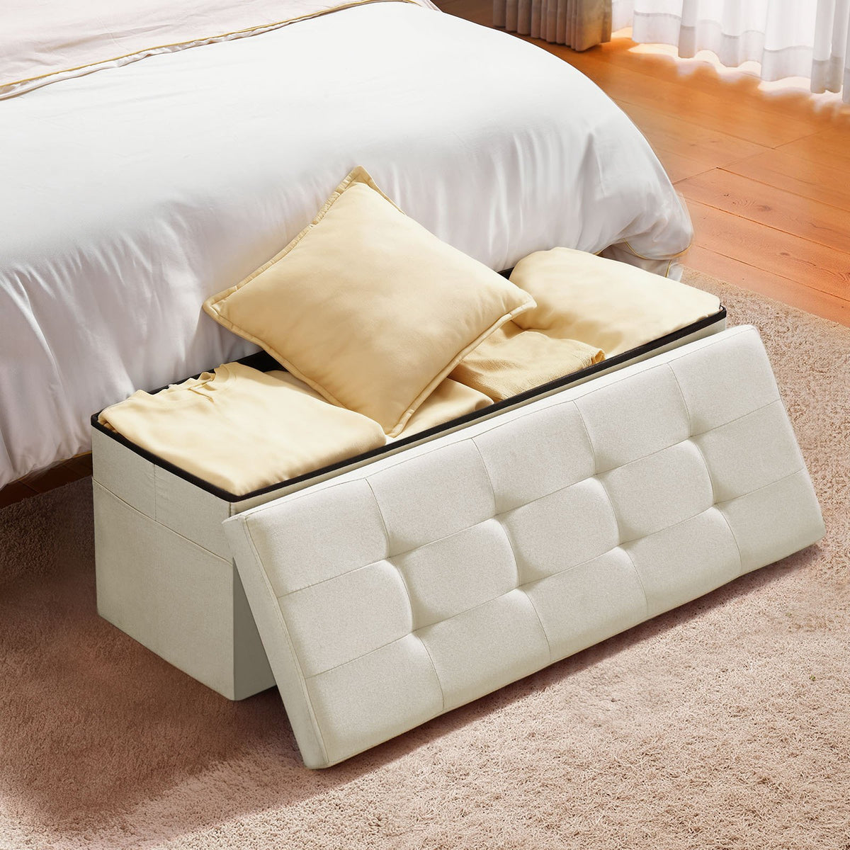 Foldable Storage Ottoman Bench, End of Bed Bench with Side Bags, Folding Upholstered Storage Chest Supports V952-BYWSZYKZDK405QXFB001V0