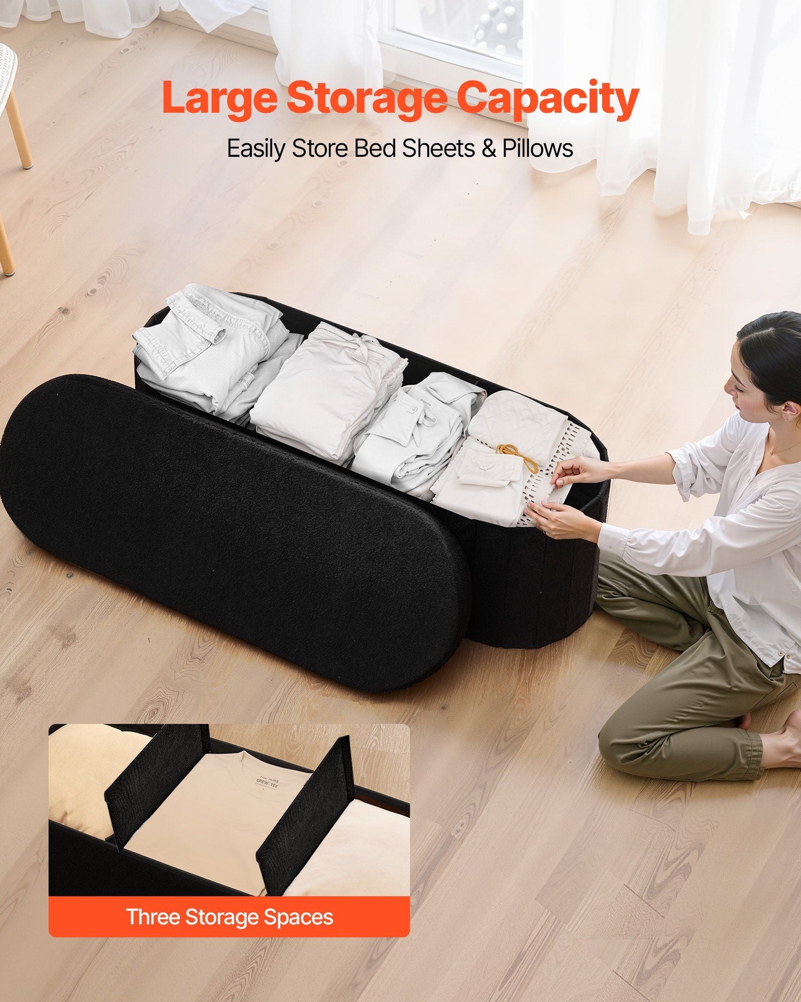 Oval Storage Ottoman Bench, Foldable Teddy Fleece End of Bed Bench, Folding Upholstered Bed Ottoman Chest V952-BYWSZYKZDK406PEG4001V0