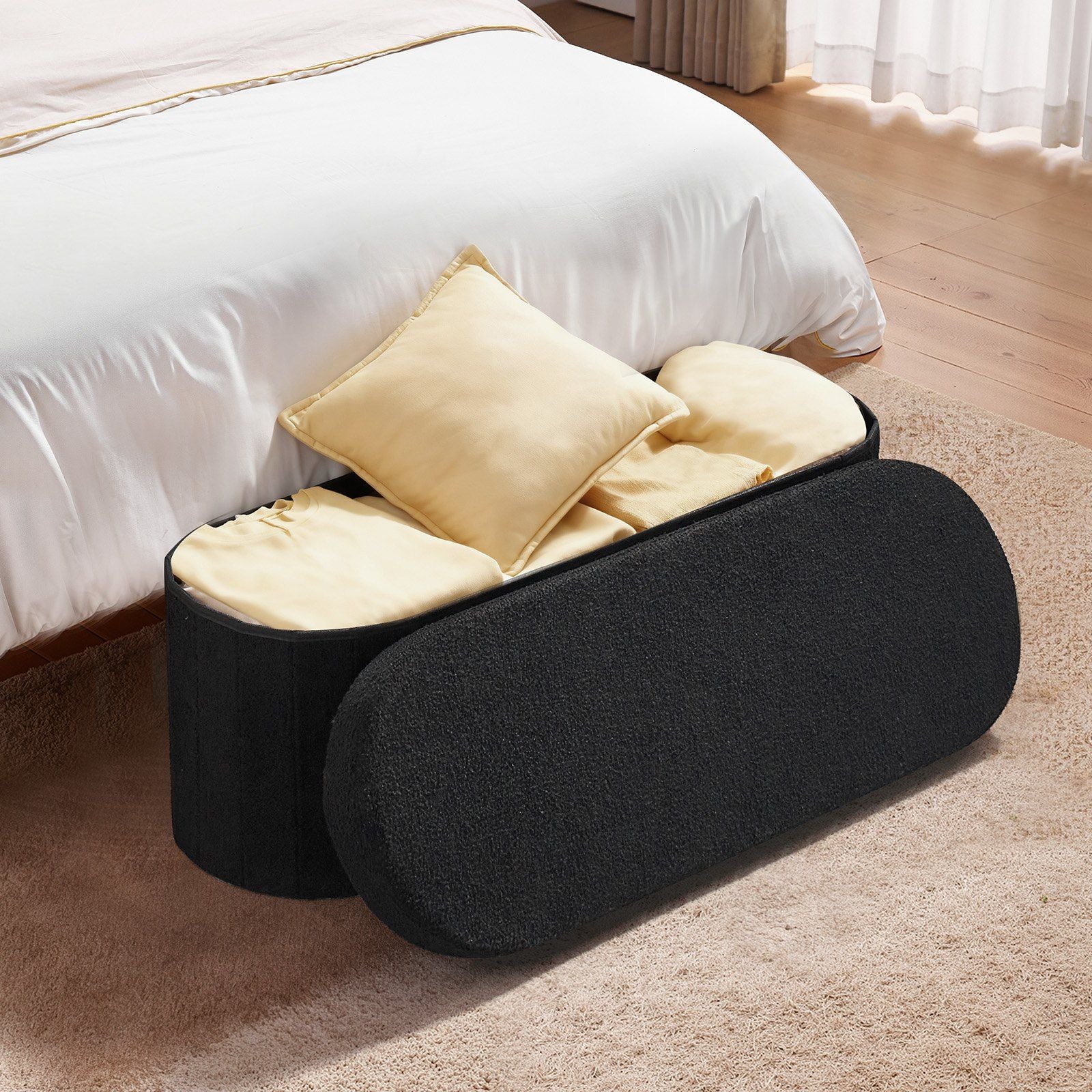 Oval Storage Ottoman Bench, Foldable Teddy Fleece End of Bed Bench, Folding Upholstered Bed Ottoman Chest V952-BYWSZYKZDK406PEG4001V0