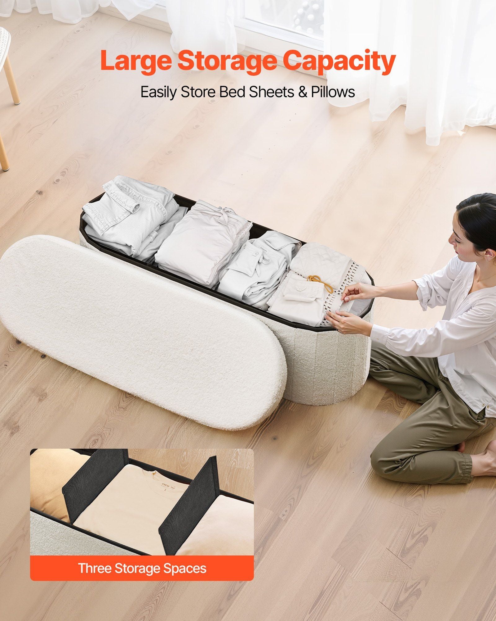 Oval Storage Ottoman Bench, Foldable Teddy Fleece End of Bed Bench, Folding Upholstered Bed Ottoman Chest V952-BYWSZYKZDK40BI0GO001V0