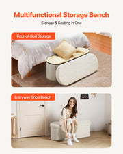 Oval Storage Ottoman Bench, Foldable Teddy Fleece End of Bed Bench, Folding Upholstered Bed Ottoman Chest V952-BYWSZYKZDK40BI0GO001V0