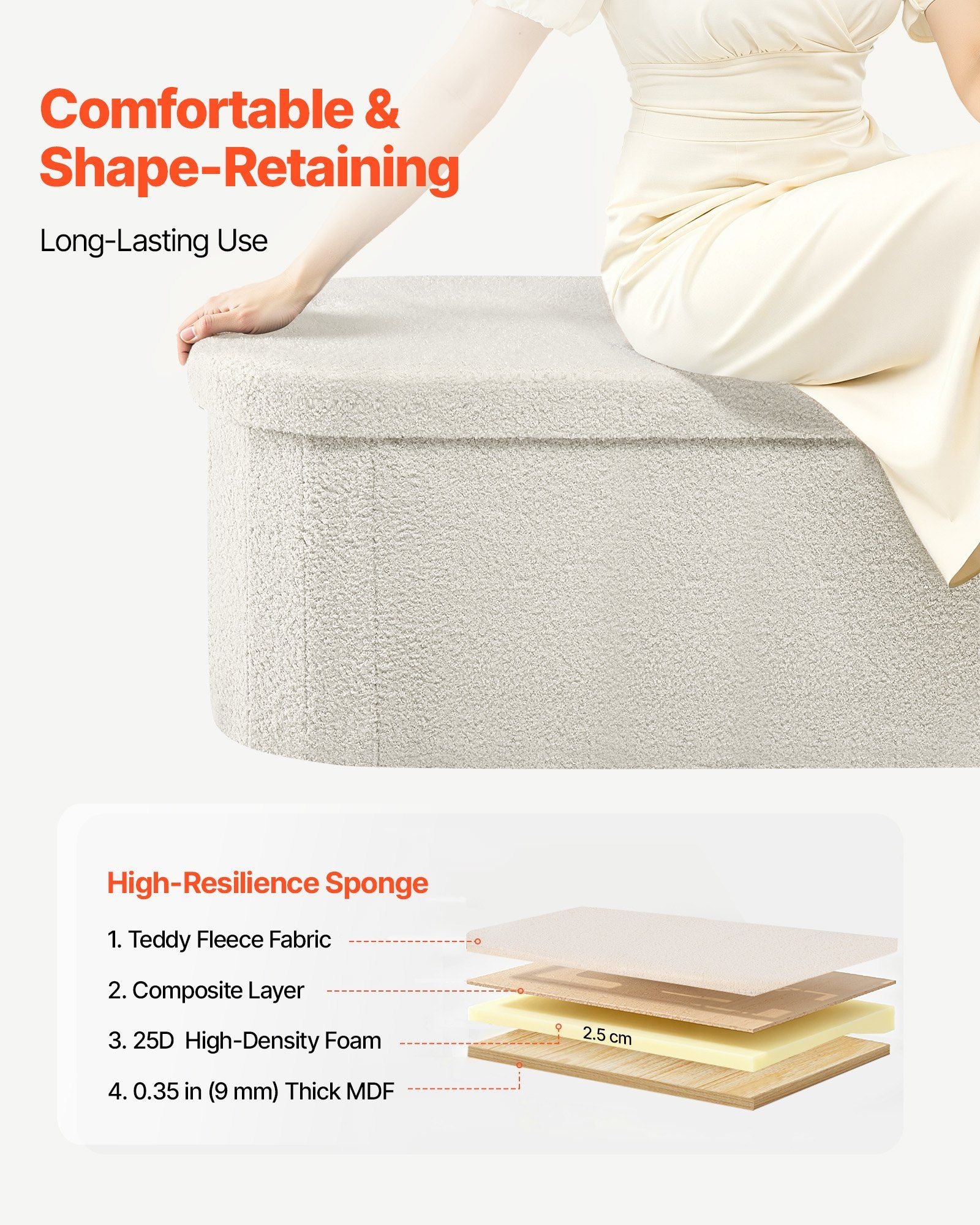 Oval Storage Ottoman Bench, Foldable Teddy Fleece End of Bed Bench, Folding Upholstered Bed Ottoman Chest V952-BYWSZYKZDK40BI0GO001V0