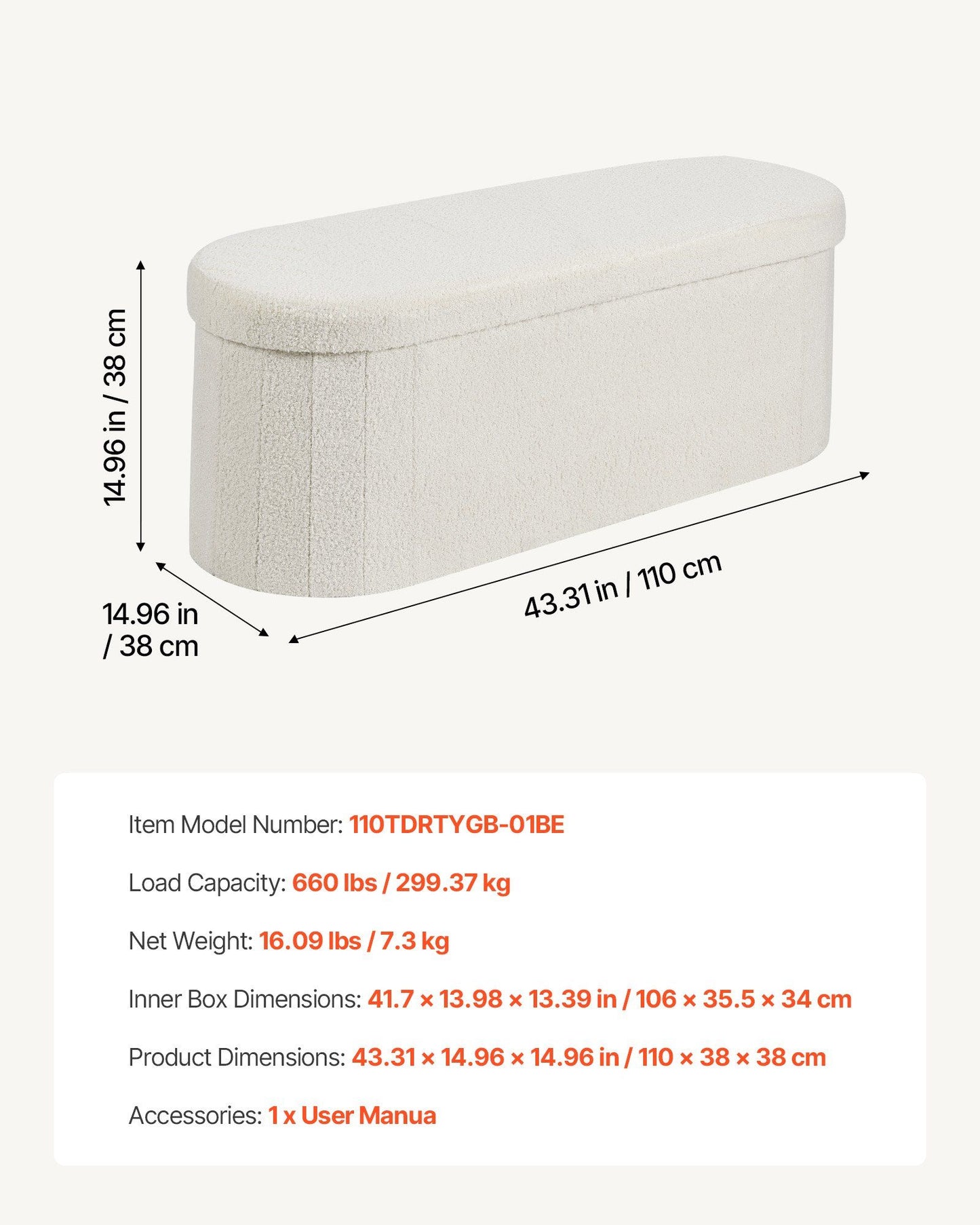 Oval Storage Ottoman Bench, Foldable Teddy Fleece End of Bed Bench, Folding Upholstered Bed Ottoman Chest V952-BYWSZYKZDK40BI0GO001V0