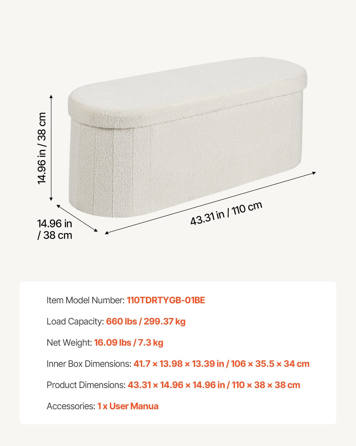 Oval Storage Ottoman Bench, Foldable Teddy Fleece End of Bed Bench, Folding Upholstered Bed Ottoman Chest V952-BYWSZYKZDK40BI0GO001V0