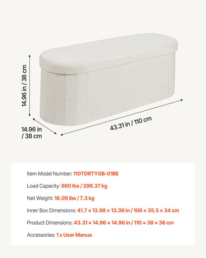 Oval Storage Ottoman Bench, Foldable Teddy Fleece End of Bed Bench, Folding Upholstered Bed Ottoman Chest V952-BYWSZYKZDK40BI0GO001V0