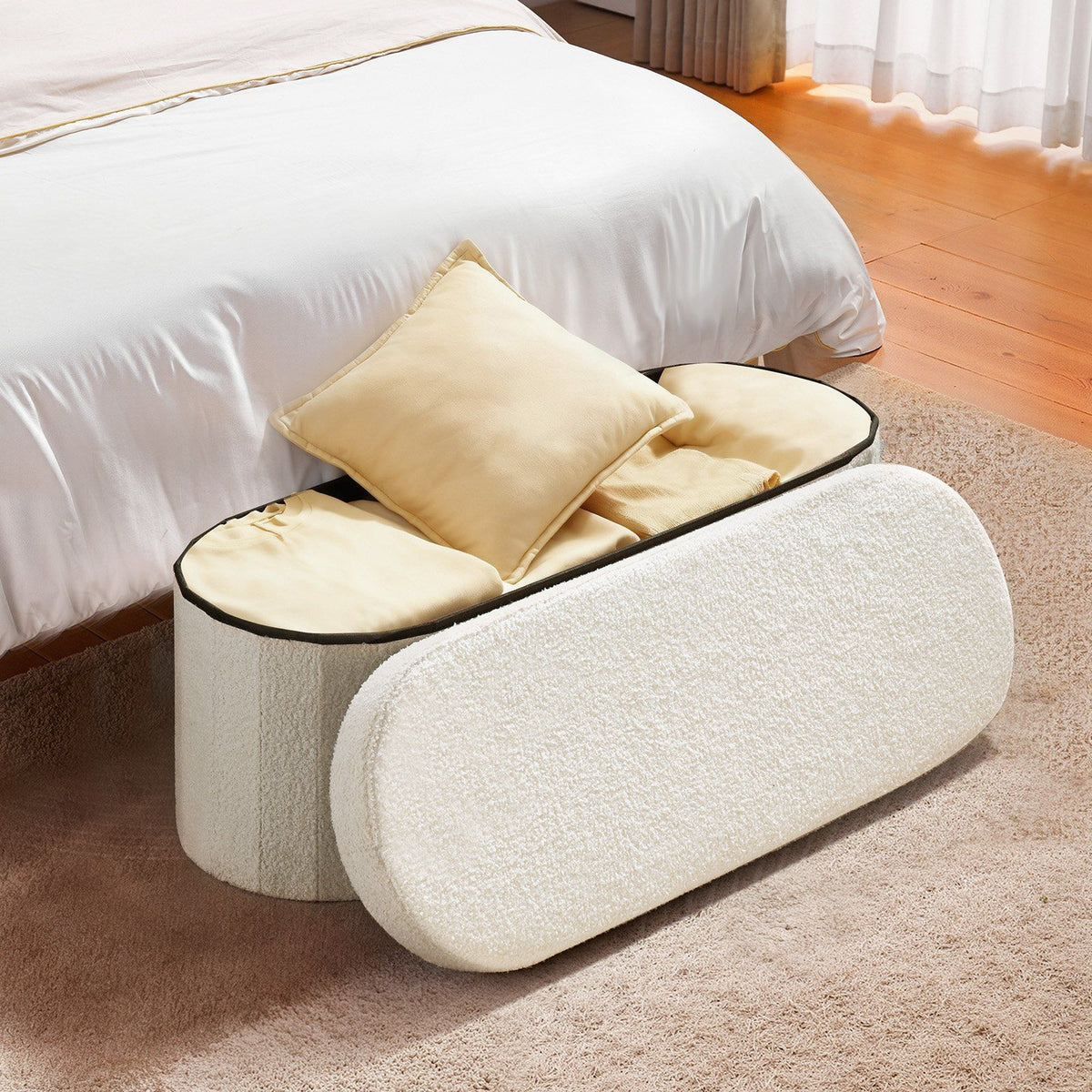 Oval Storage Ottoman Bench, Foldable Teddy Fleece End of Bed Bench, Folding Upholstered Bed Ottoman Chest V952-BYWSZYKZDK40BI0GO001V0