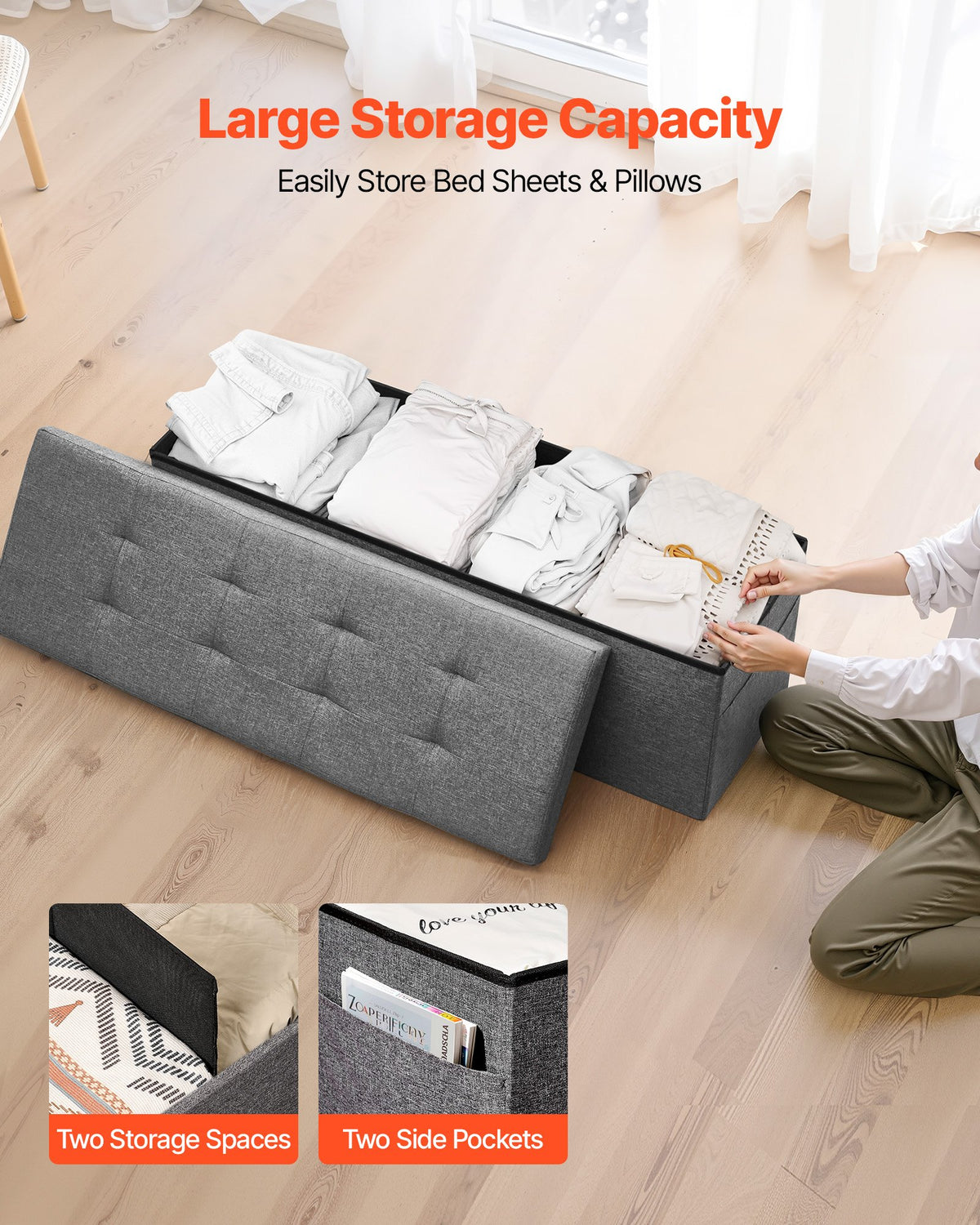 Foldable Storage Ottoman Bench, End of Bed Bench with Side Bags, Folding Upholstered Storage Chest Supports V952-BYWSZYKZDK40FW7EP001V0