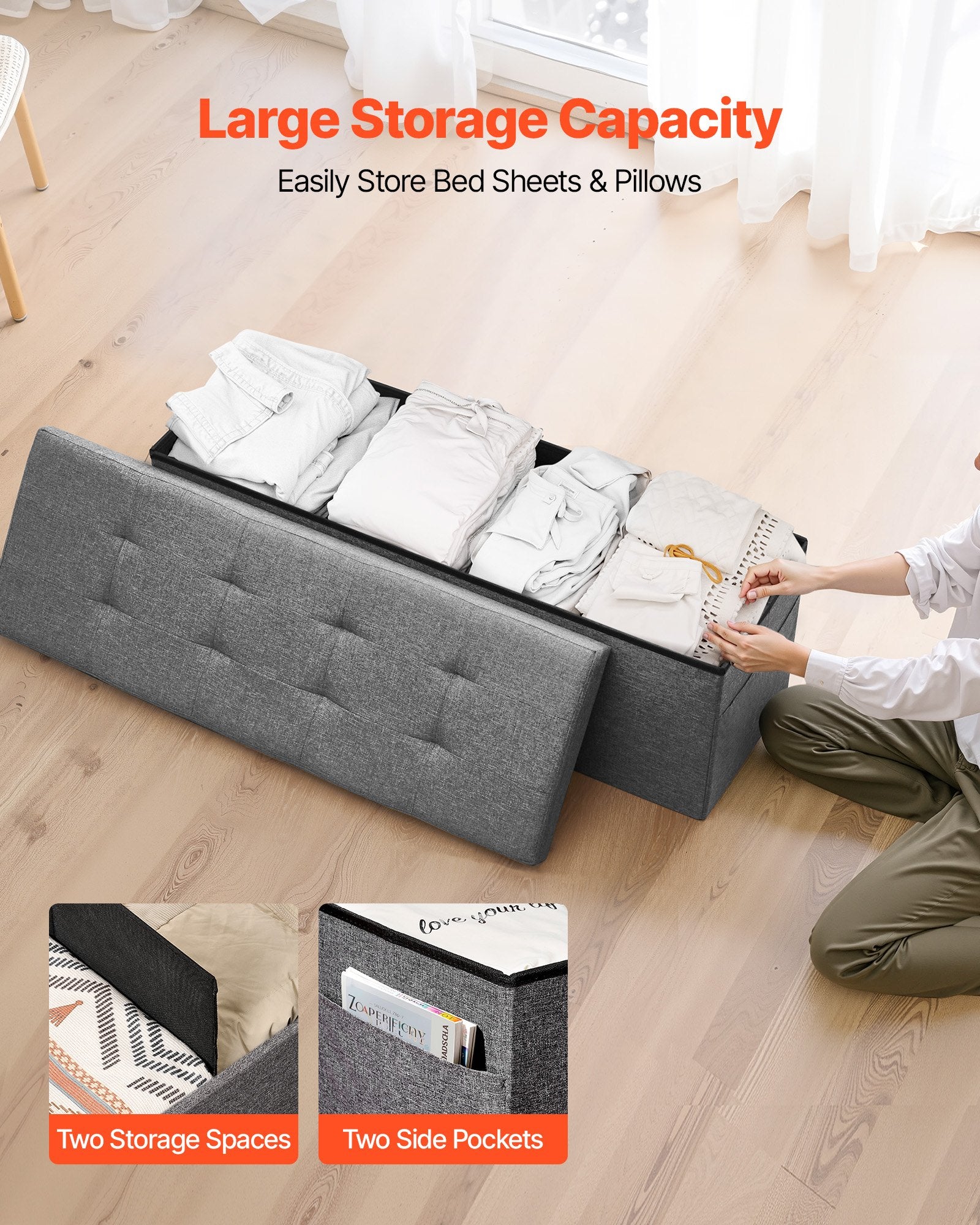 Foldable Storage Ottoman Bench, End of Bed Bench with Side Bags, Folding Upholstered Storage Chest Supports V952-BYWSZYKZDK40FW7EP001V0