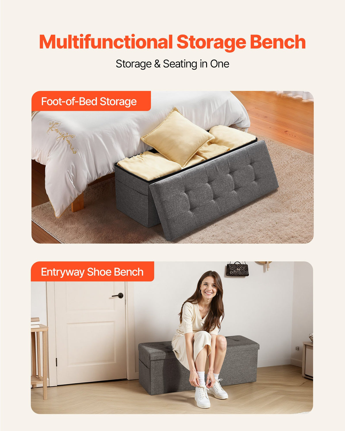 Foldable Storage Ottoman Bench, End of Bed Bench with Side Bags, Folding Upholstered Storage Chest Supports V952-BYWSZYKZDK40FW7EP001V0
