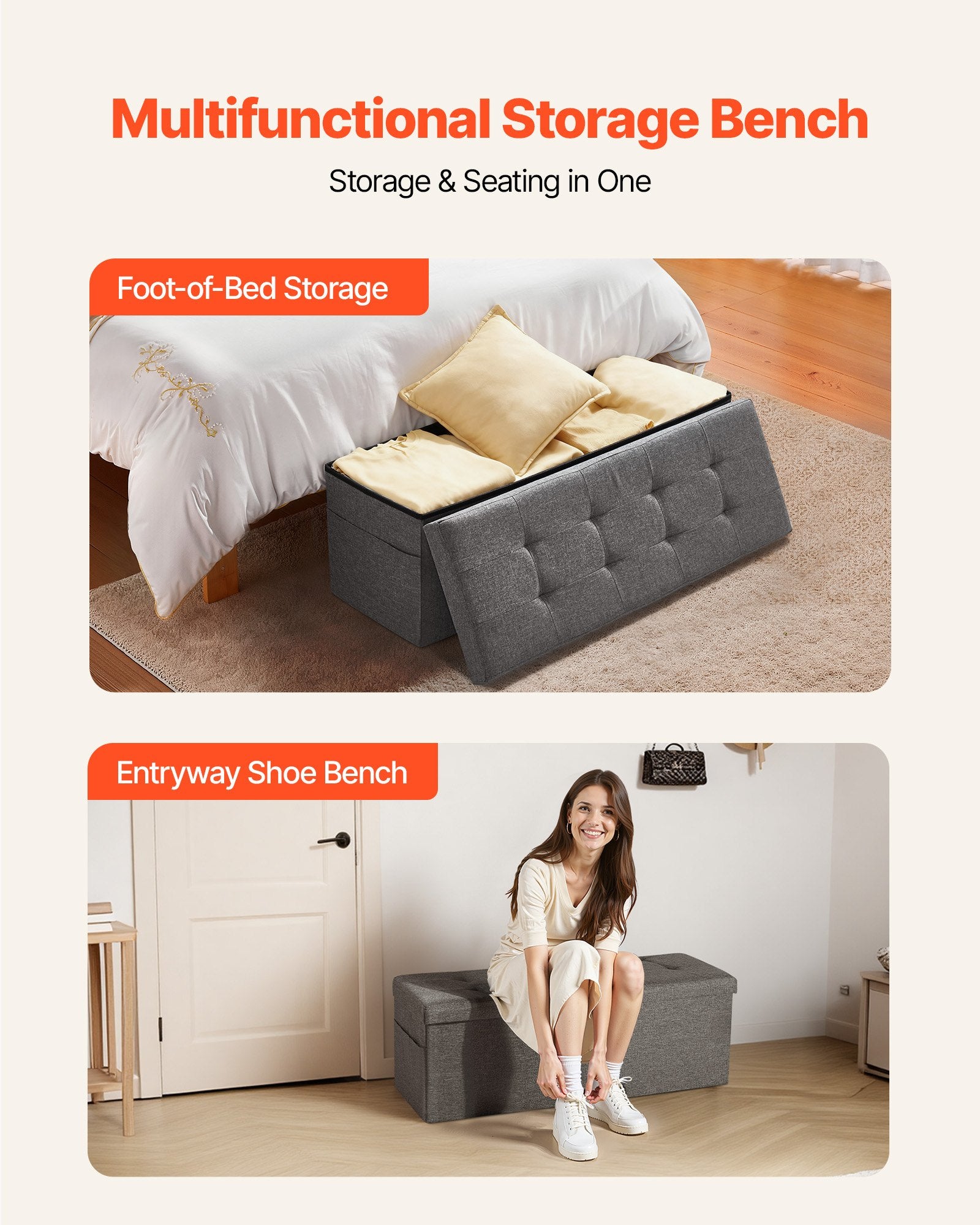 Foldable Storage Ottoman Bench, End of Bed Bench with Side Bags, Folding Upholstered Storage Chest Supports V952-BYWSZYKZDK40FW7EP001V0