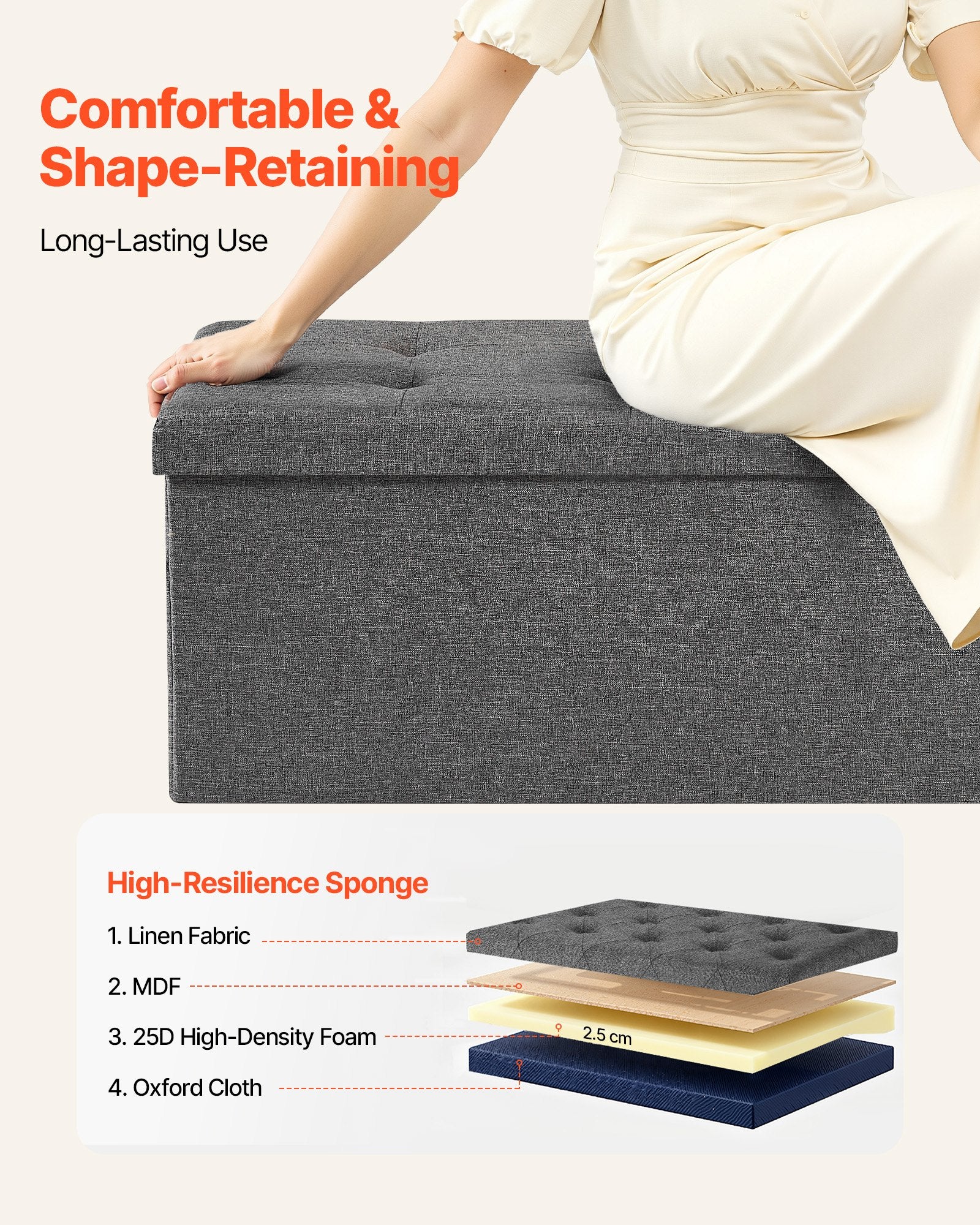 Foldable Storage Ottoman Bench, End of Bed Bench with Side Bags, Folding Upholstered Storage Chest Supports V952-BYWSZYKZDK40FW7EP001V0