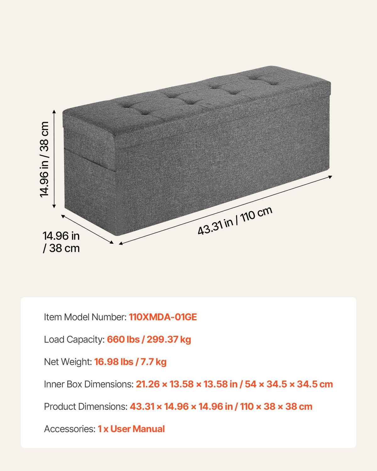 Foldable Storage Ottoman Bench, End of Bed Bench with Side Bags, Folding Upholstered Storage Chest Supports V952-BYWSZYKZDK40FW7EP001V0