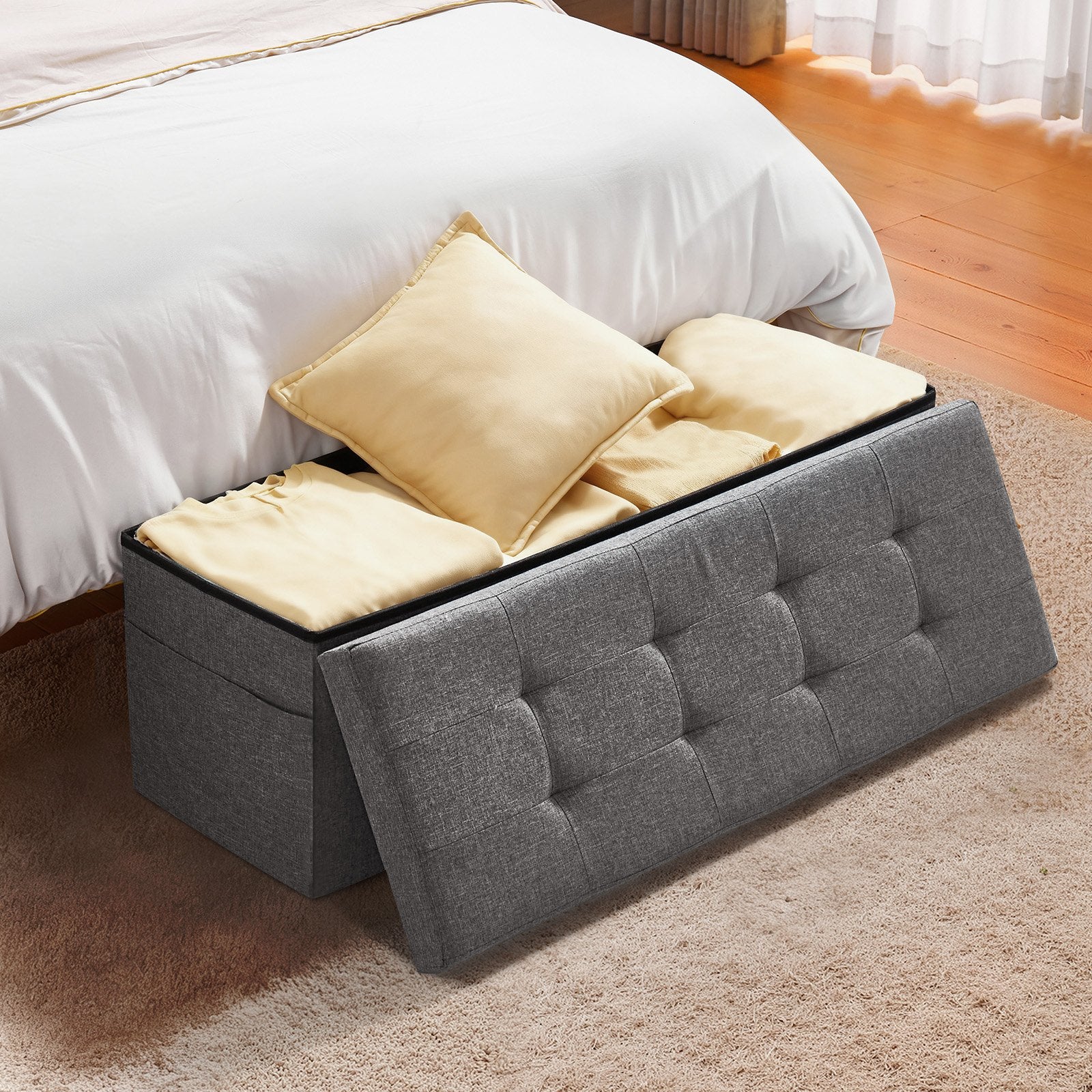 Foldable Storage Ottoman Bench, End of Bed Bench with Side Bags, Folding Upholstered Storage Chest Supports V952-BYWSZYKZDK40FW7EP001V0