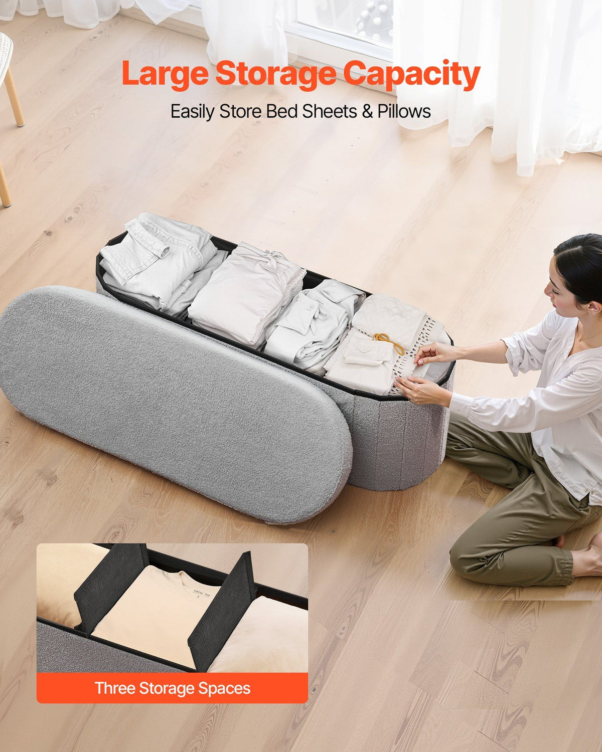 Oval Storage Ottoman Bench, Foldable Teddy Fleece End of Bed Bench, Folding Upholstered Bed Ottoman Chest V952-BYWSZYKZDK40KOB06001V0