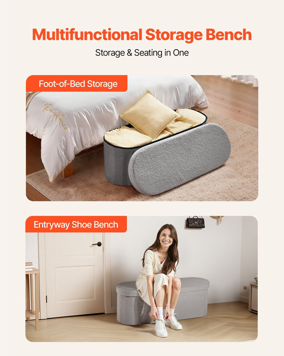 Oval Storage Ottoman Bench, Foldable Teddy Fleece End of Bed Bench, Folding Upholstered Bed Ottoman Chest V952-BYWSZYKZDK40KOB06001V0