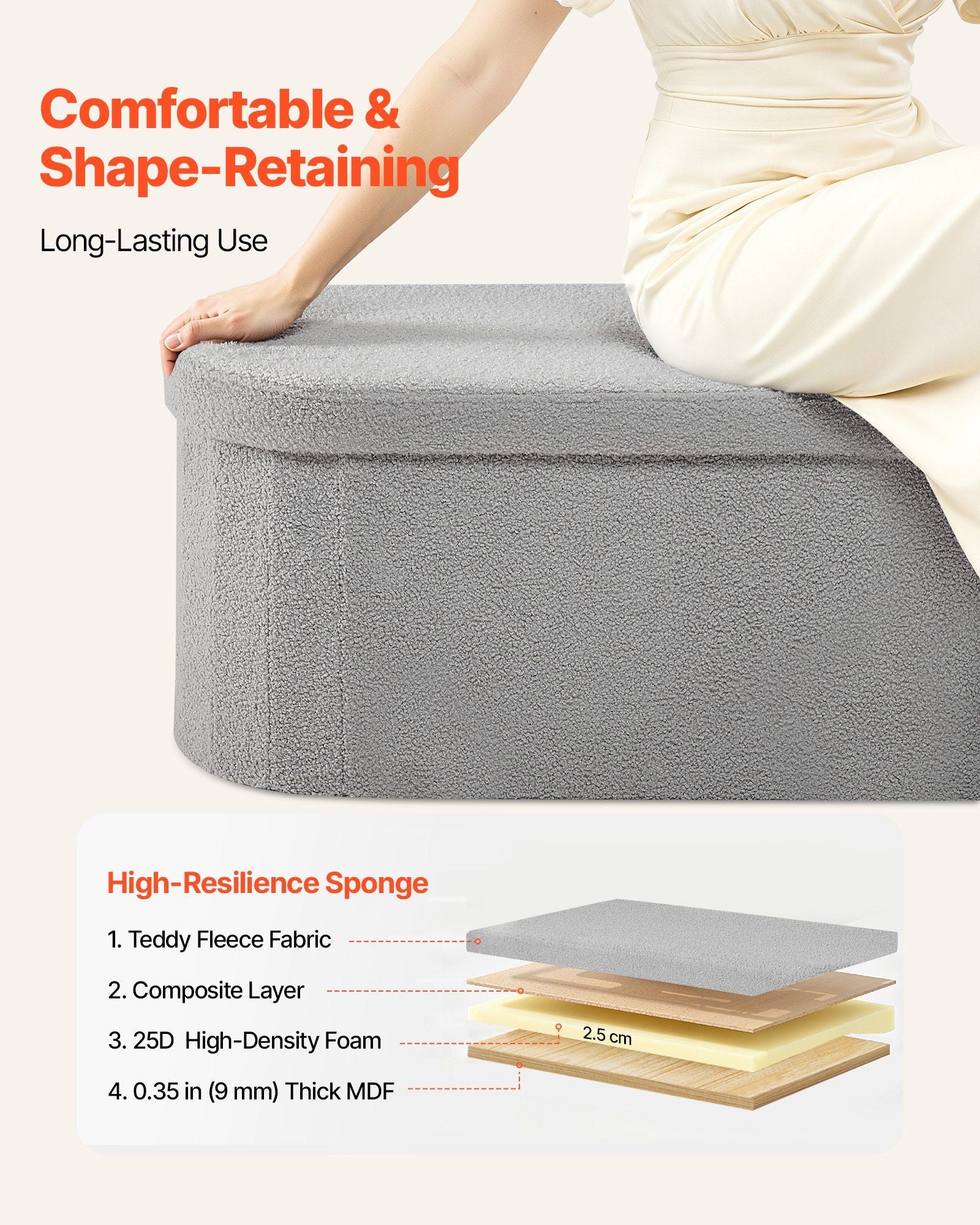 Oval Storage Ottoman Bench, Foldable Teddy Fleece End of Bed Bench, Folding Upholstered Bed Ottoman Chest V952-BYWSZYKZDK40KOB06001V0