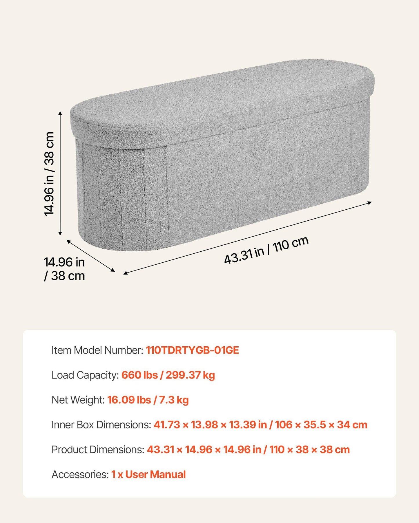 Oval Storage Ottoman Bench, Foldable Teddy Fleece End of Bed Bench, Folding Upholstered Bed Ottoman Chest V952-BYWSZYKZDK40KOB06001V0