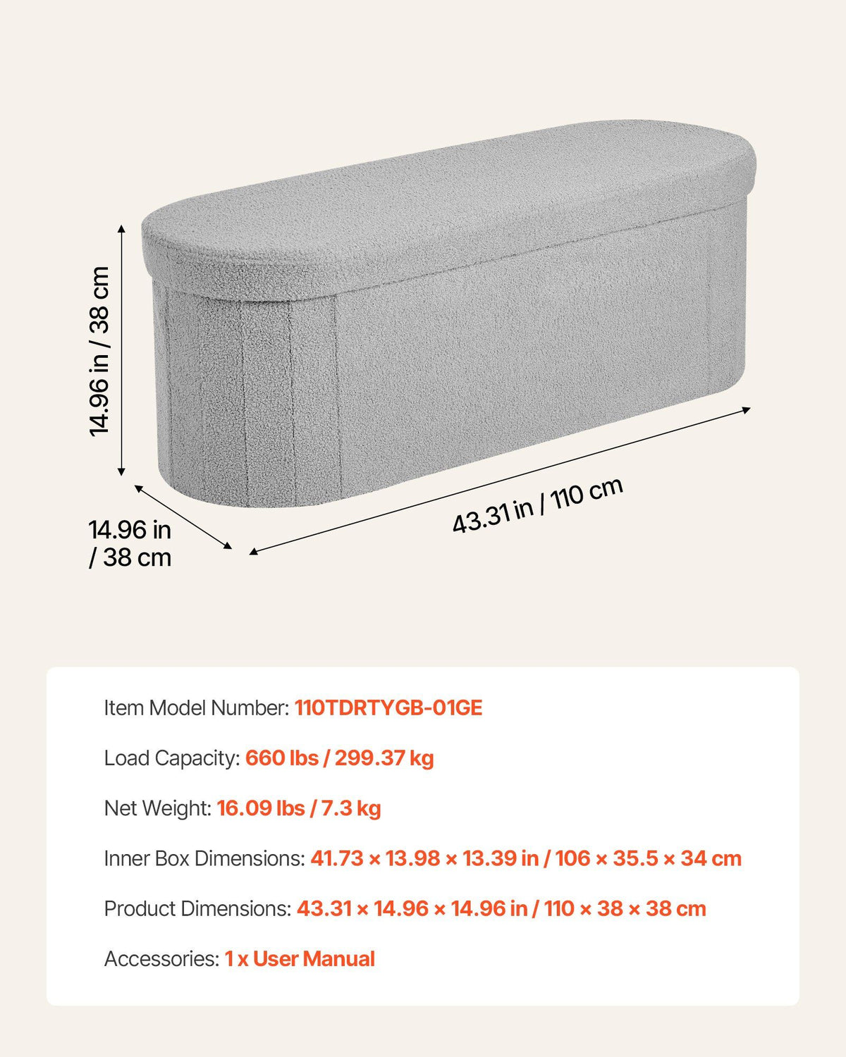Oval Storage Ottoman Bench, Foldable Teddy Fleece End of Bed Bench, Folding Upholstered Bed Ottoman Chest V952-BYWSZYKZDK40KOB06001V0