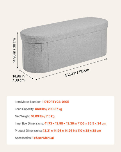Oval Storage Ottoman Bench, Foldable Teddy Fleece End of Bed Bench, Folding Upholstered Bed Ottoman Chest V952-BYWSZYKZDK40KOB06001V0