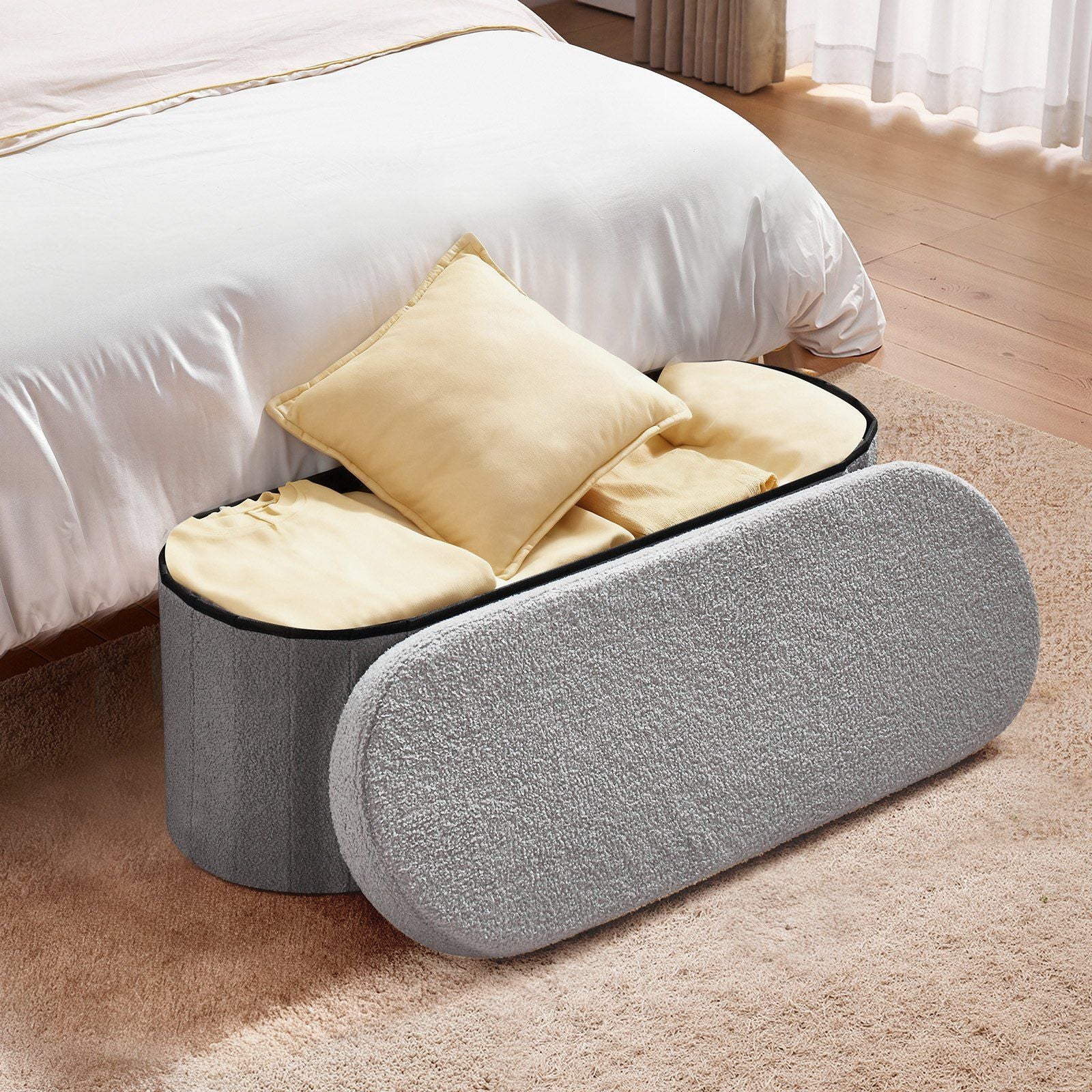 Oval Storage Ottoman Bench, Foldable Teddy Fleece End of Bed Bench, Folding Upholstered Bed Ottoman Chest V952-BYWSZYKZDK40KOB06001V0