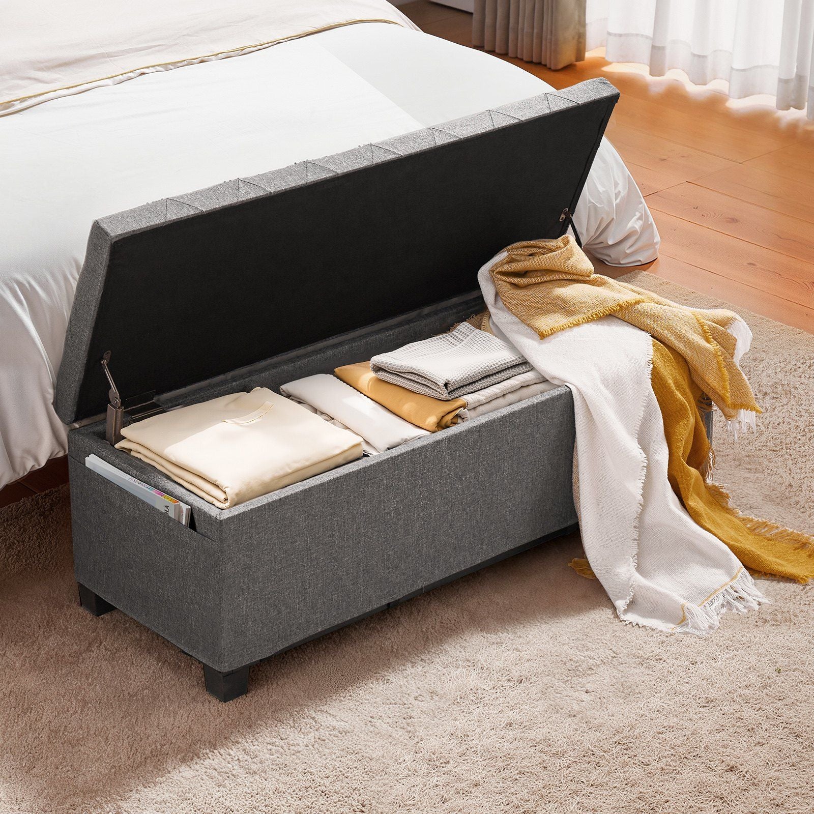 Storage Ottoman Bench, Button-Tufted End of Bed Bench with Side Bags, Flip-up Upholstered Storage Chest with V952-BYWSZYXTK404GT90L001V0