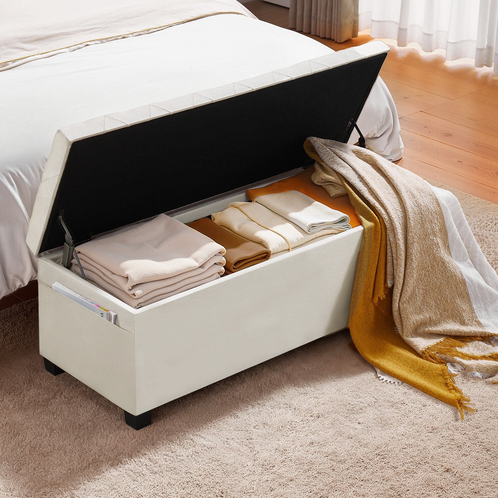 Storage Ottoman Bench, Button-Tufted End of Bed Bench with Side Bags, Flip-up Upholstered Storage Chest with V952-BYWSZYXTK404XZWNY001V0