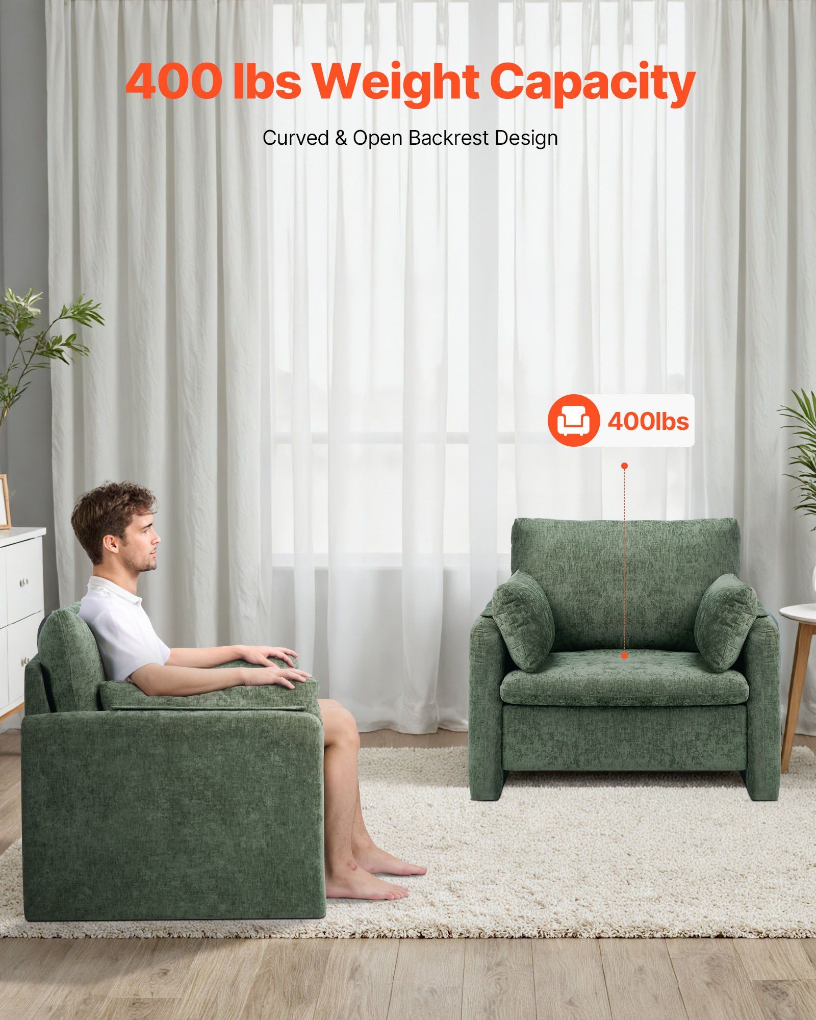 Green Accent Chair, Modern Upholstered Accent Chair with Armrests, Cloth Arm Chairs with Thick Cushion and V952-BYZSYFXBY323H7UPQ001V0