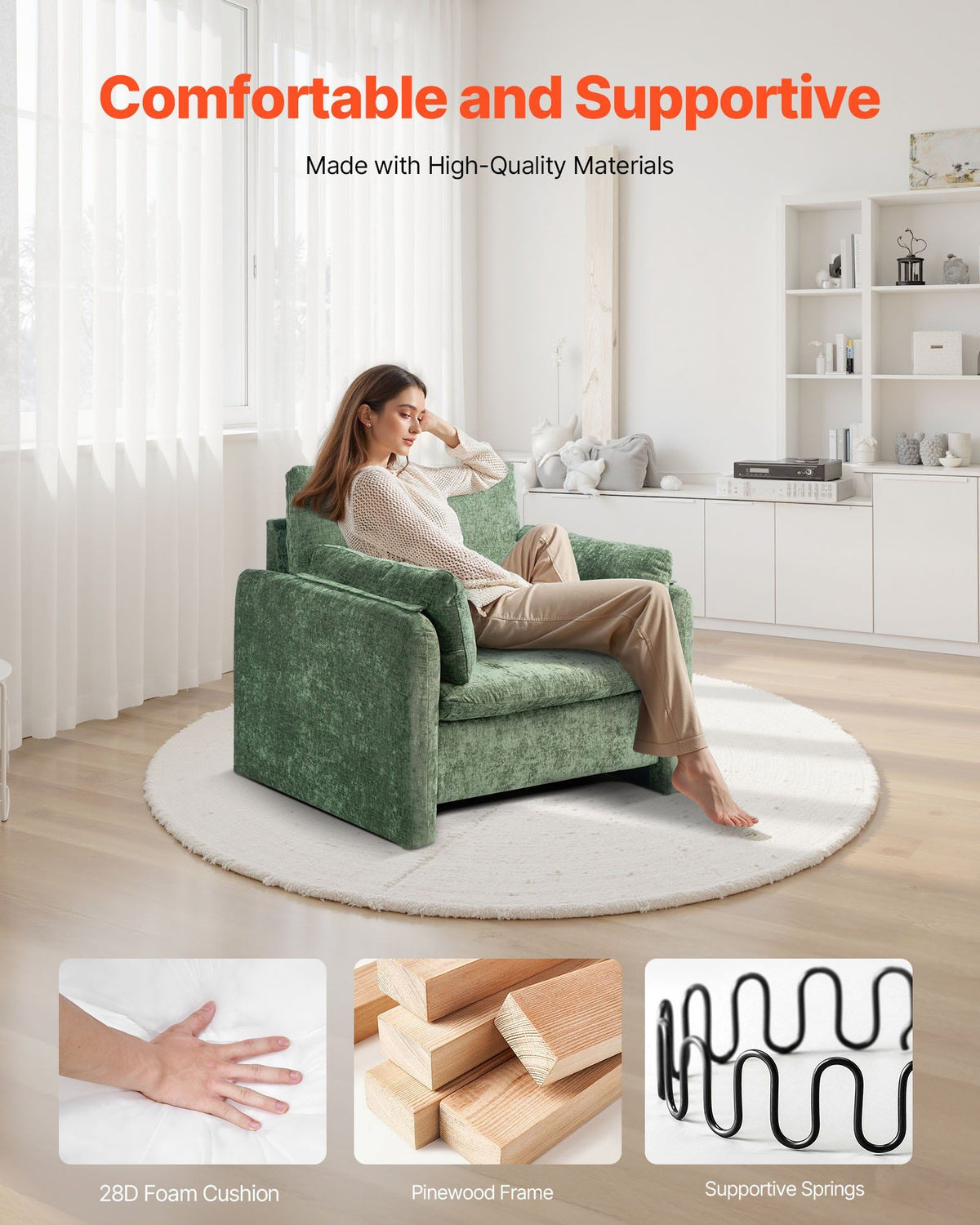 Green Accent Chair, Modern Upholstered Accent Chair with Armrests, Cloth Arm Chairs with Thick Cushion and V952-BYZSYFXBY323H7UPQ001V0