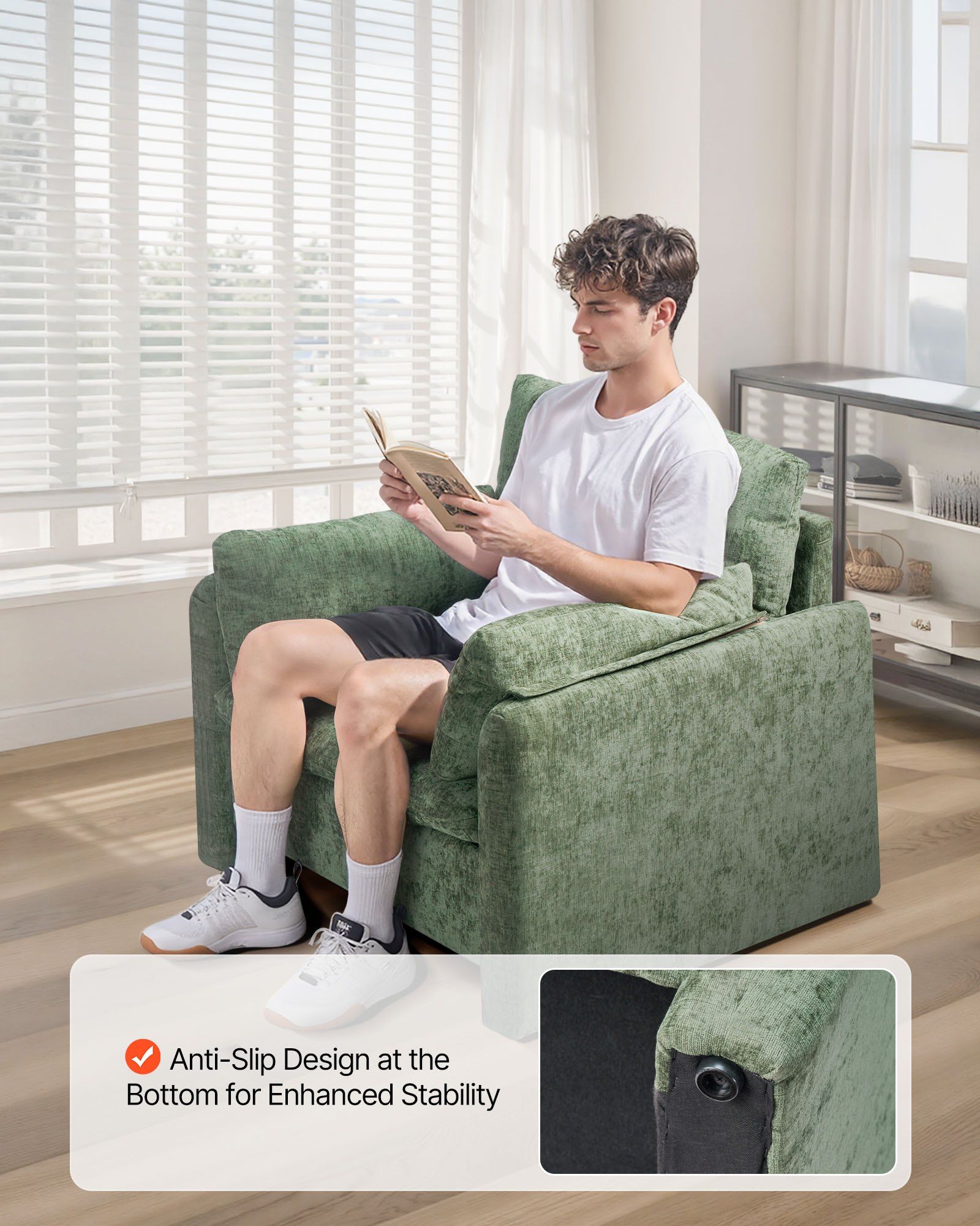 Green Accent Chair, Modern Upholstered Accent Chair with Armrests, Cloth Arm Chairs with Thick Cushion and V952-BYZSYFXBY323H7UPQ001V0