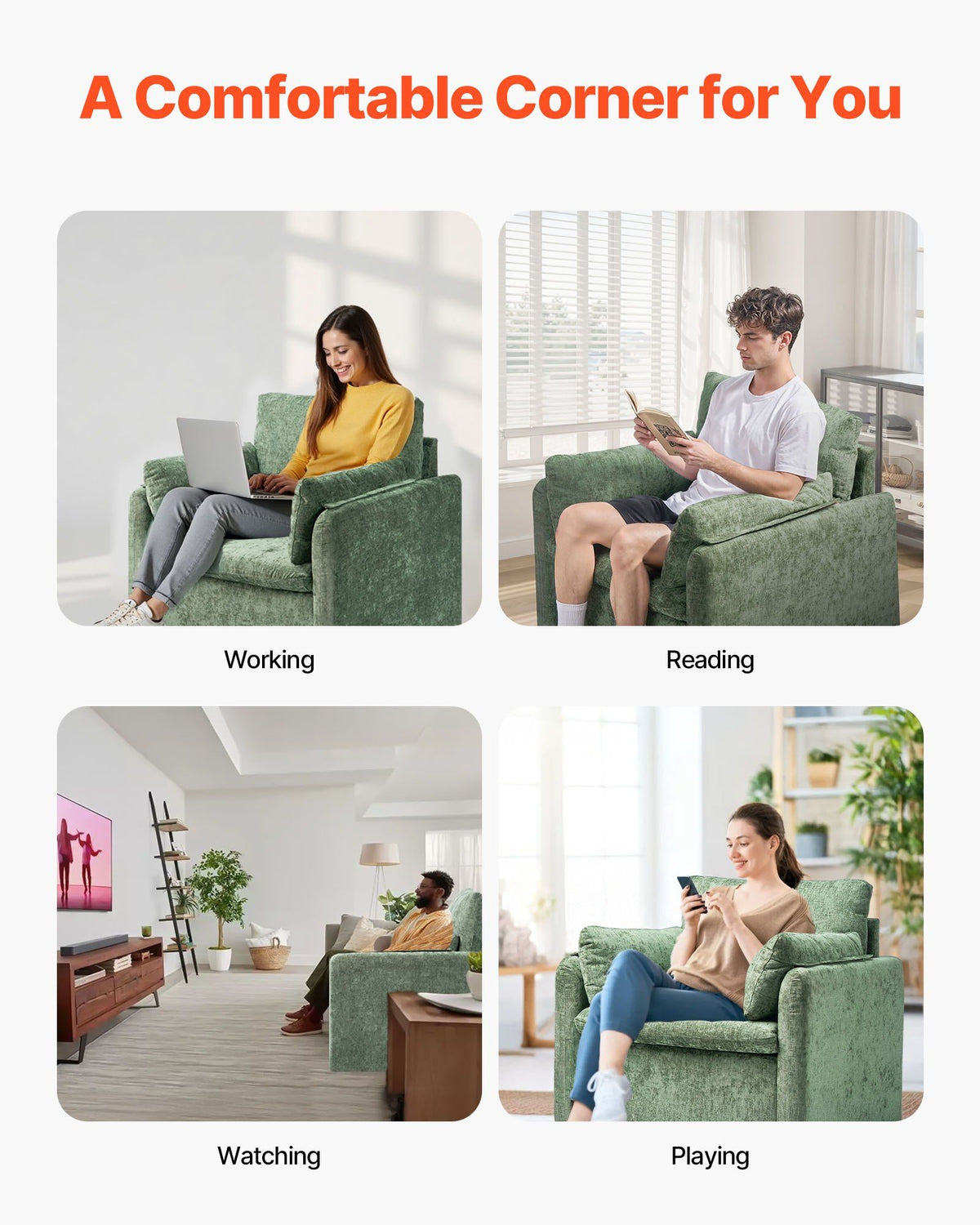 Green Accent Chair, Modern Upholstered Accent Chair with Armrests, Cloth Arm Chairs with Thick Cushion and V952-BYZSYFXBY323H7UPQ001V0