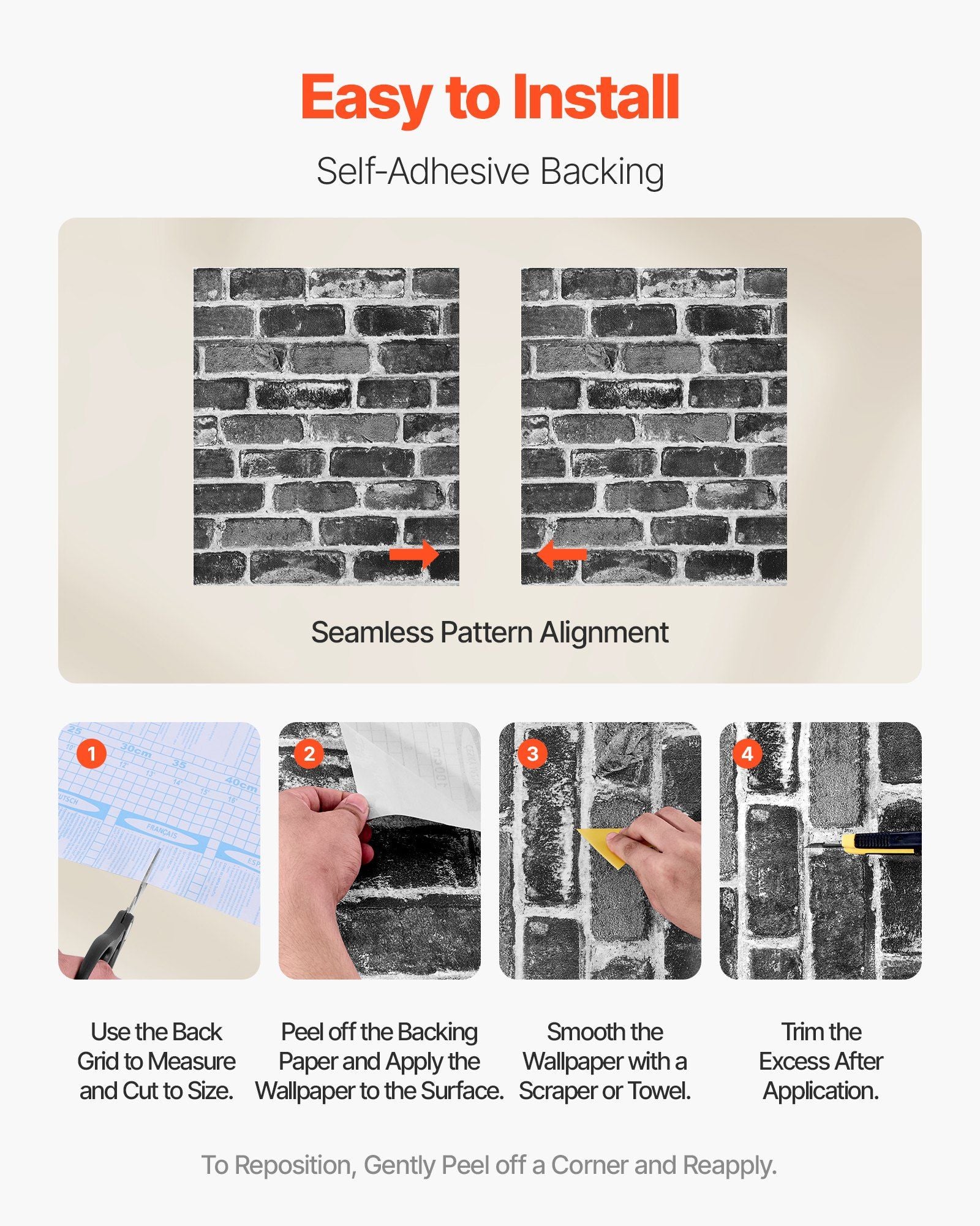 Peel and Stick Wallpaper, 45cm x 10m Contact Paper Gray Brick Waterpoof Self Adhesive, Easy to Clean & Peel V952-BZCCBZJKD40453KQP001V0